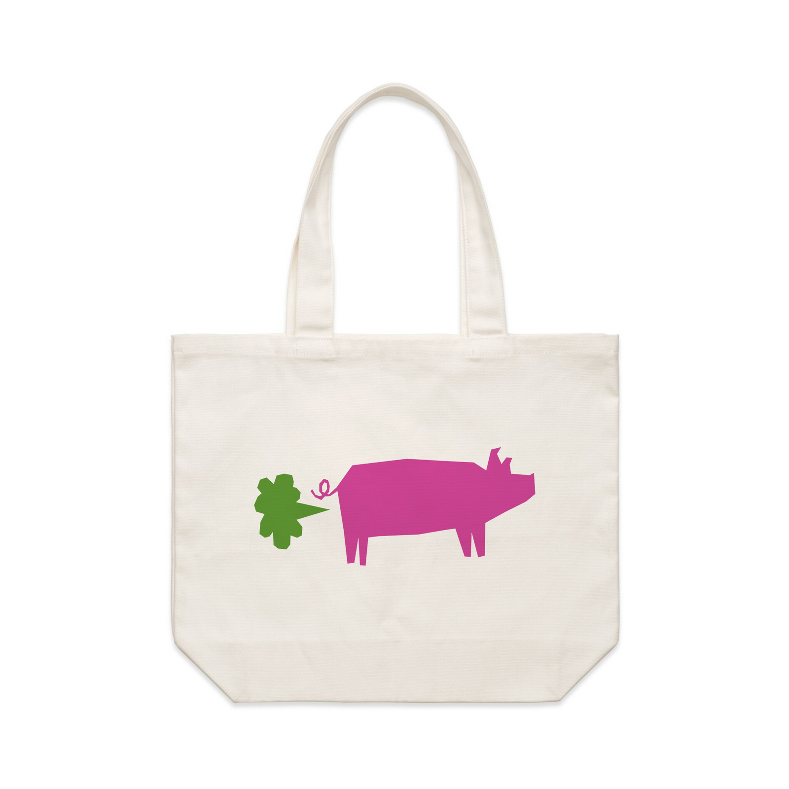 Cream shoulder tote with Slush No Fracking Pig Tote graphic by Lonely Kids Club