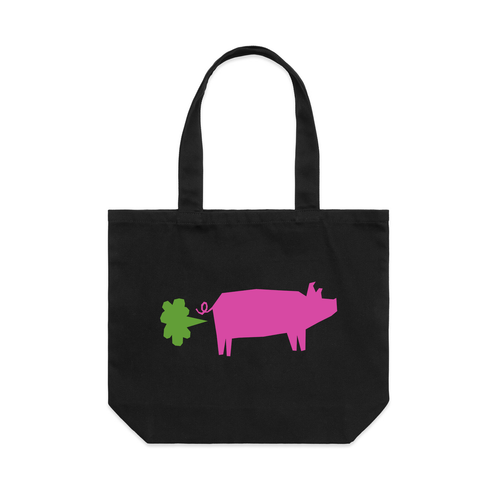 Black shoulder tote with Slush No Fracking Pig Tote graphic by Lonely Kids Club