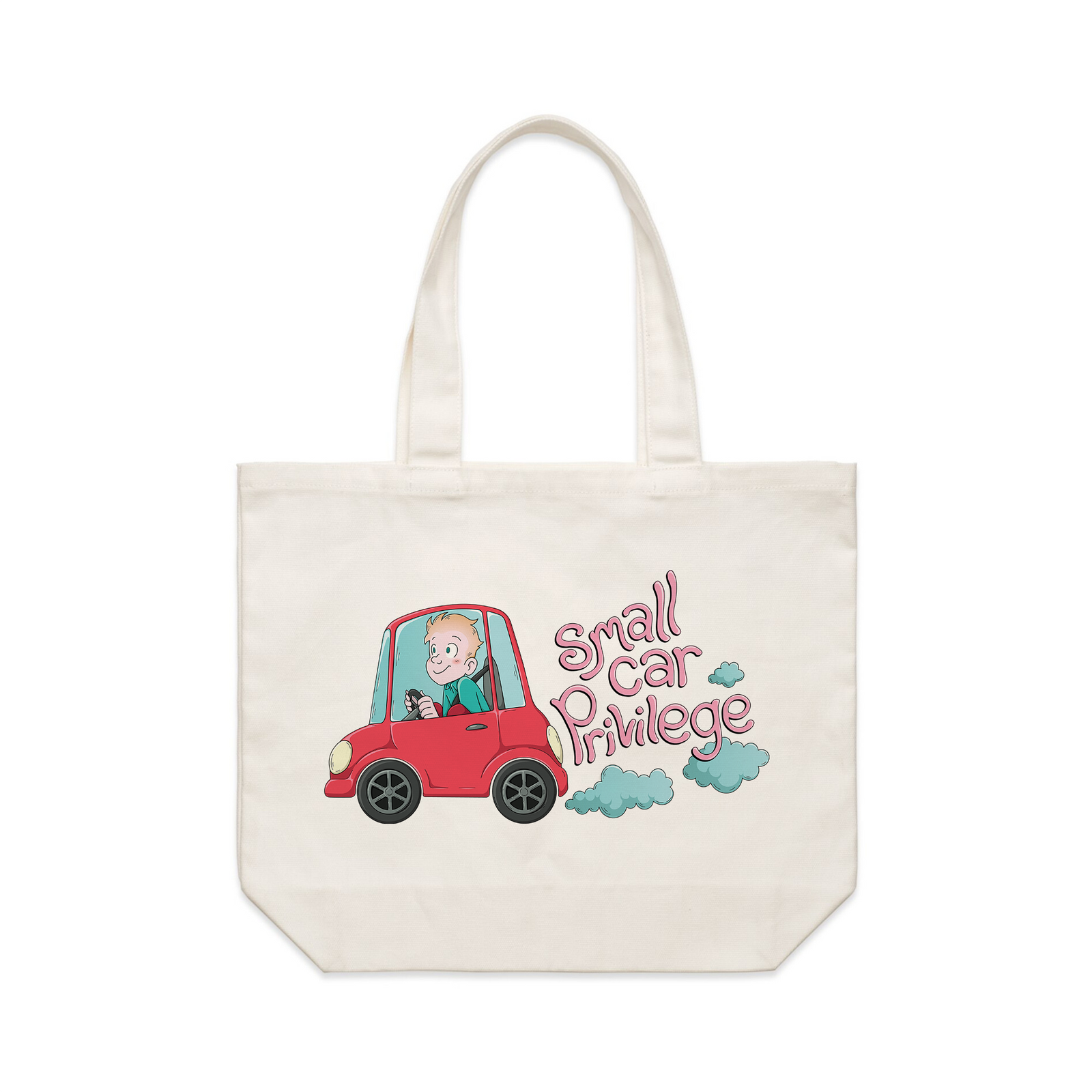 Cream shoulder tote with Small Car Privilege Tote graphic by Lonely Kids Club