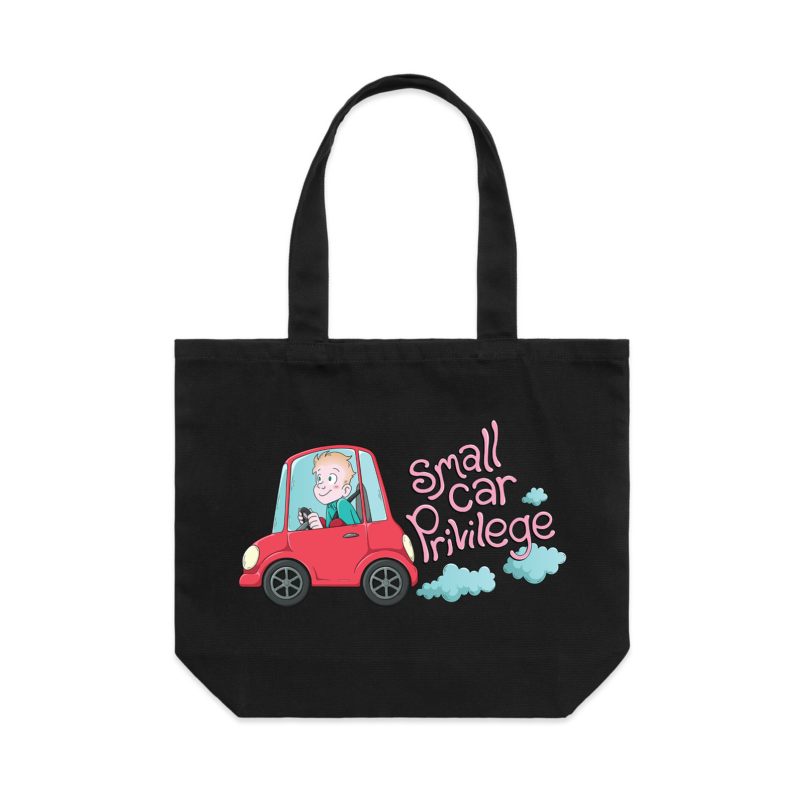 Black shoulder tote with Small Car Privilege Tote graphic by Lonely Kids Club