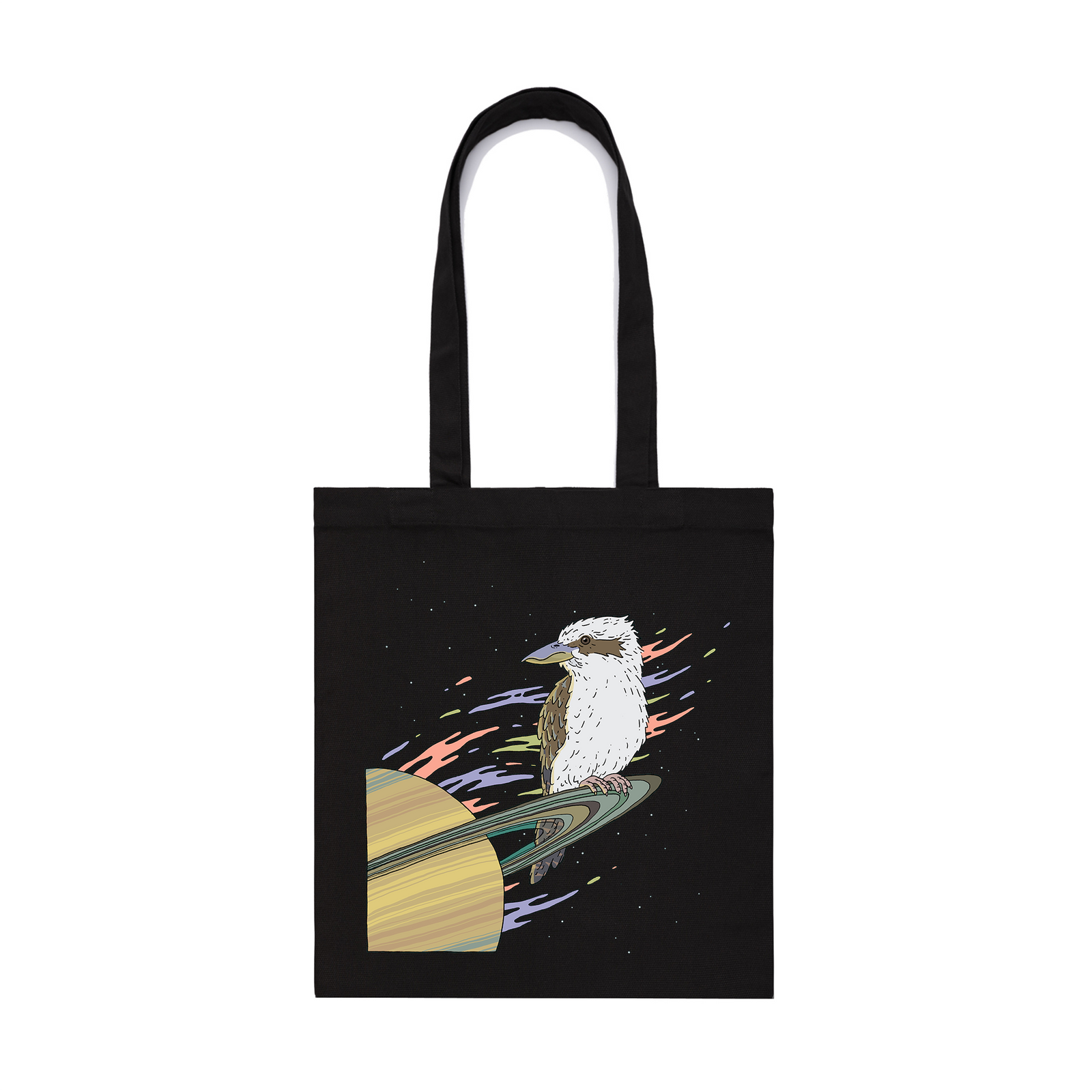Black parcel tote with Space Kookaburra Tote graphic by Lonely Kids Club