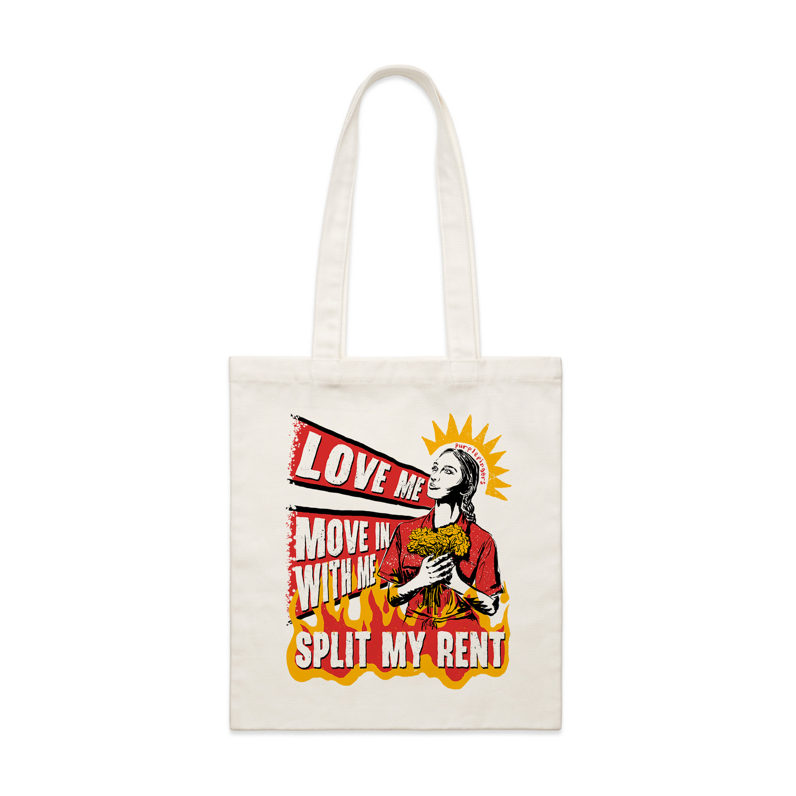 Cream parcel tote with Split My Rent Tote graphic by Lonely Kids Club