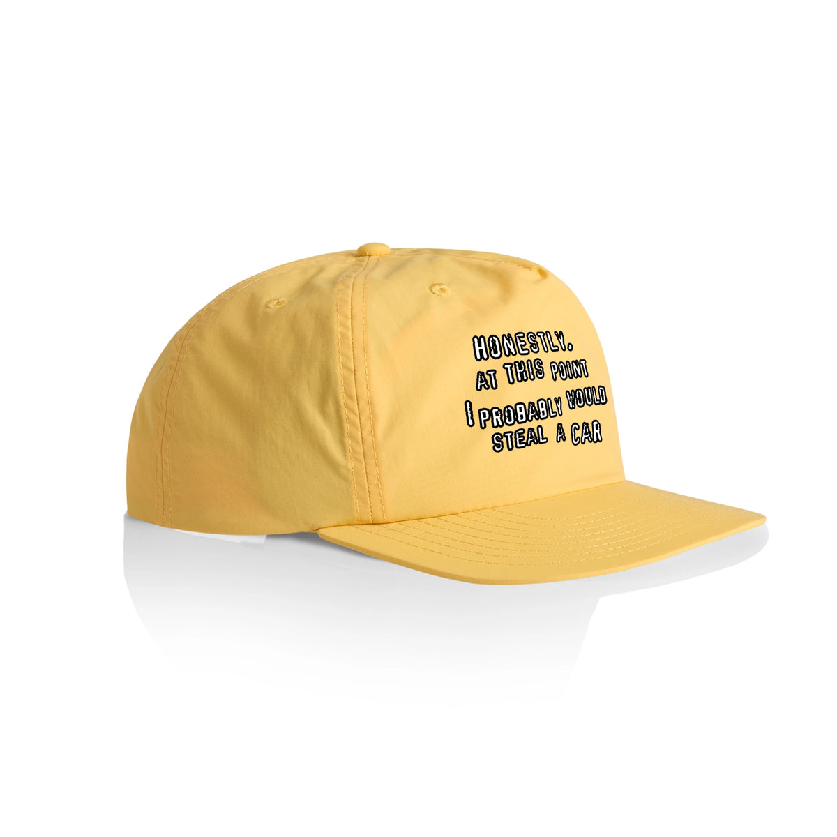 Yellow active cap with Would Steal A Car Hat graphic by Lonely Kids Club