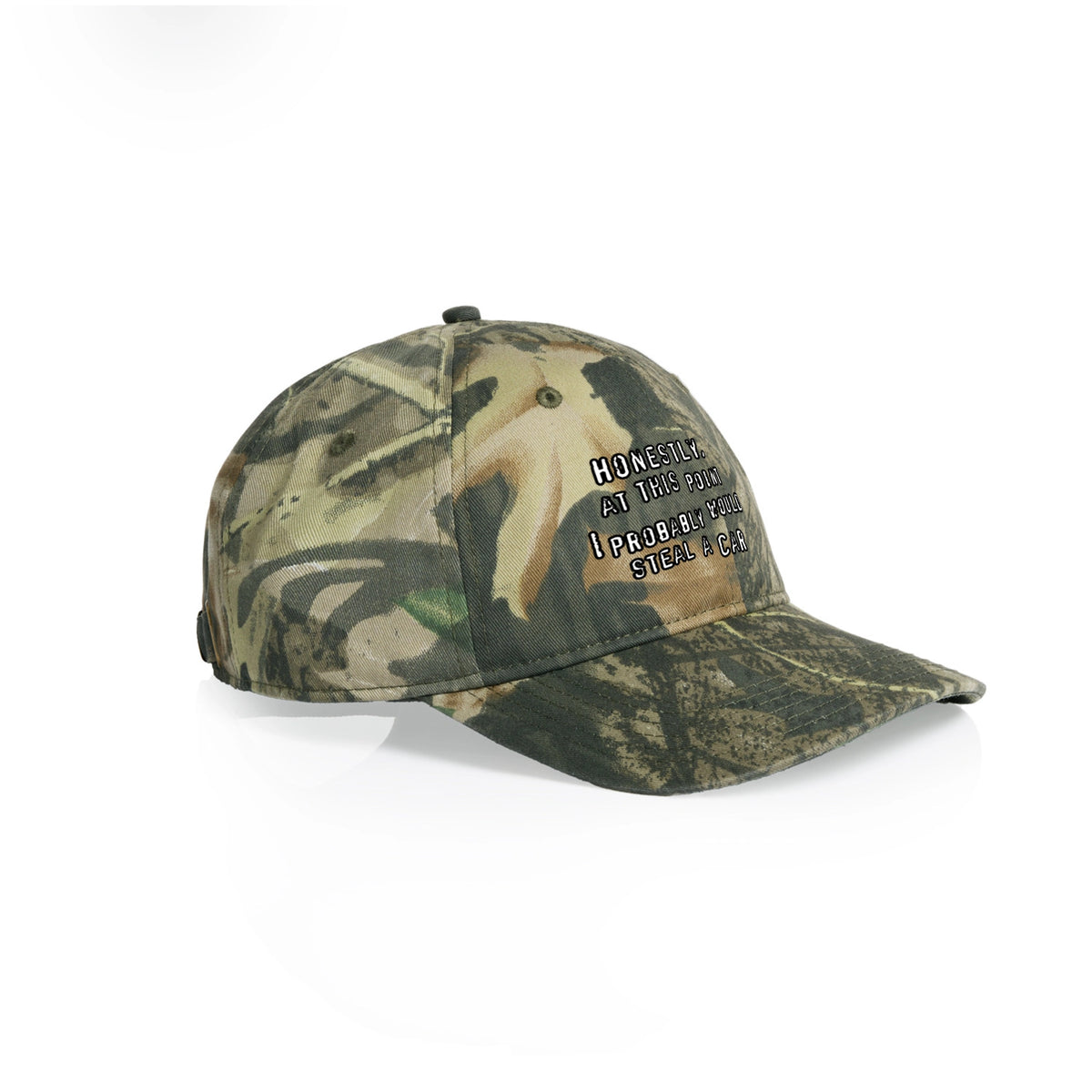 Camouflage classic cap with Would Steal A Car Hat graphic by Lonely Kids Club