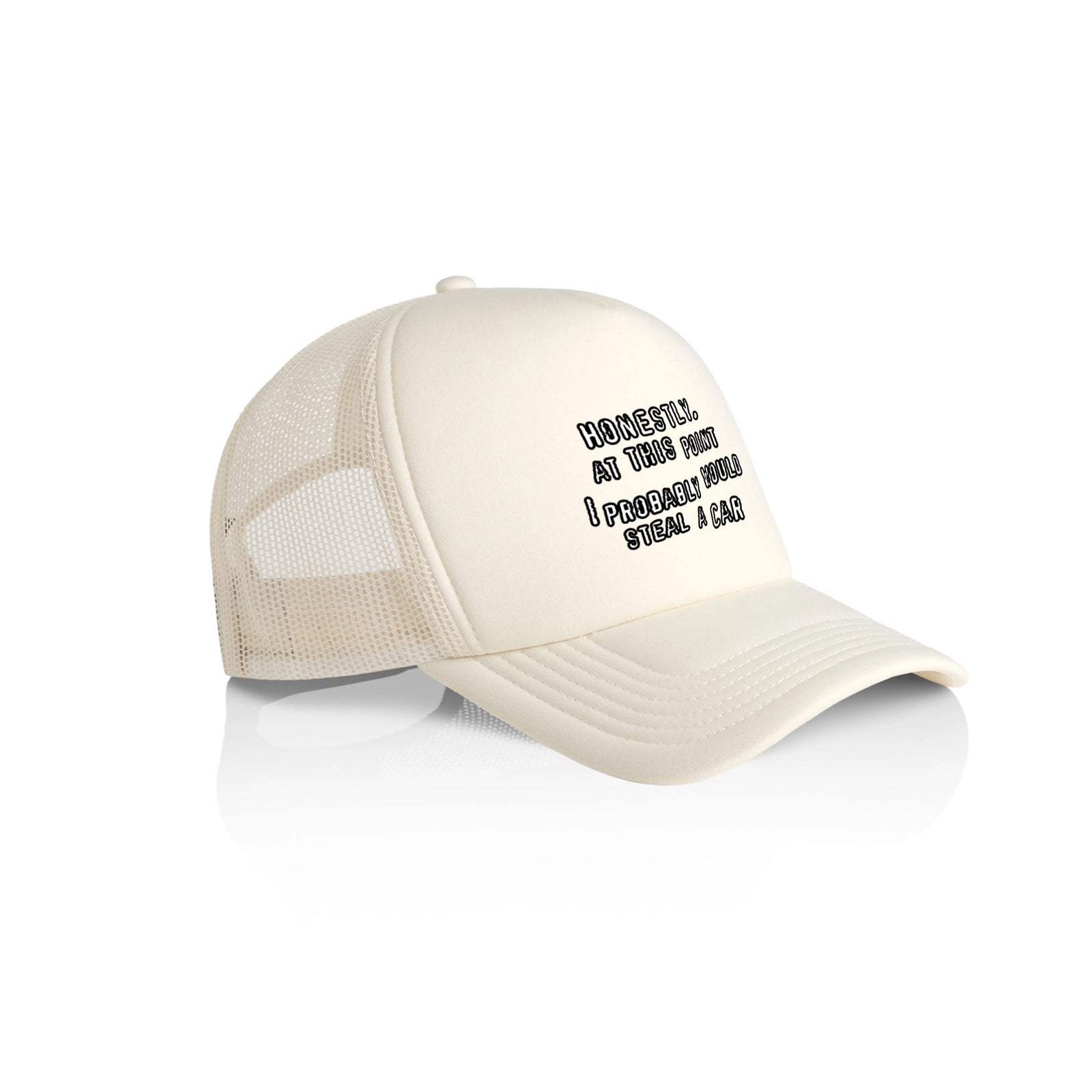 Ecru trucker cap with Would Steal A Car Hat graphic by Lonely Kids Club
