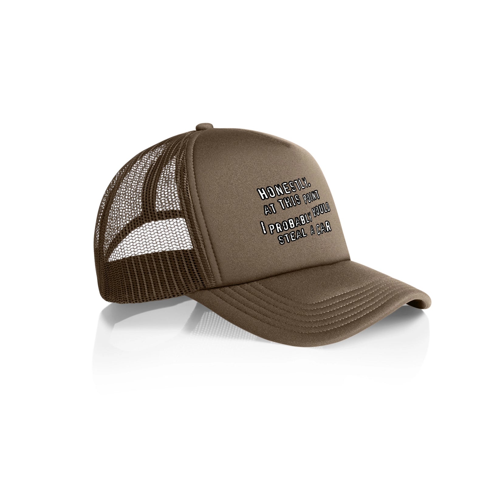 Walnut trucker cap with Would Steal A Car Hat graphic by Lonely Kids Club