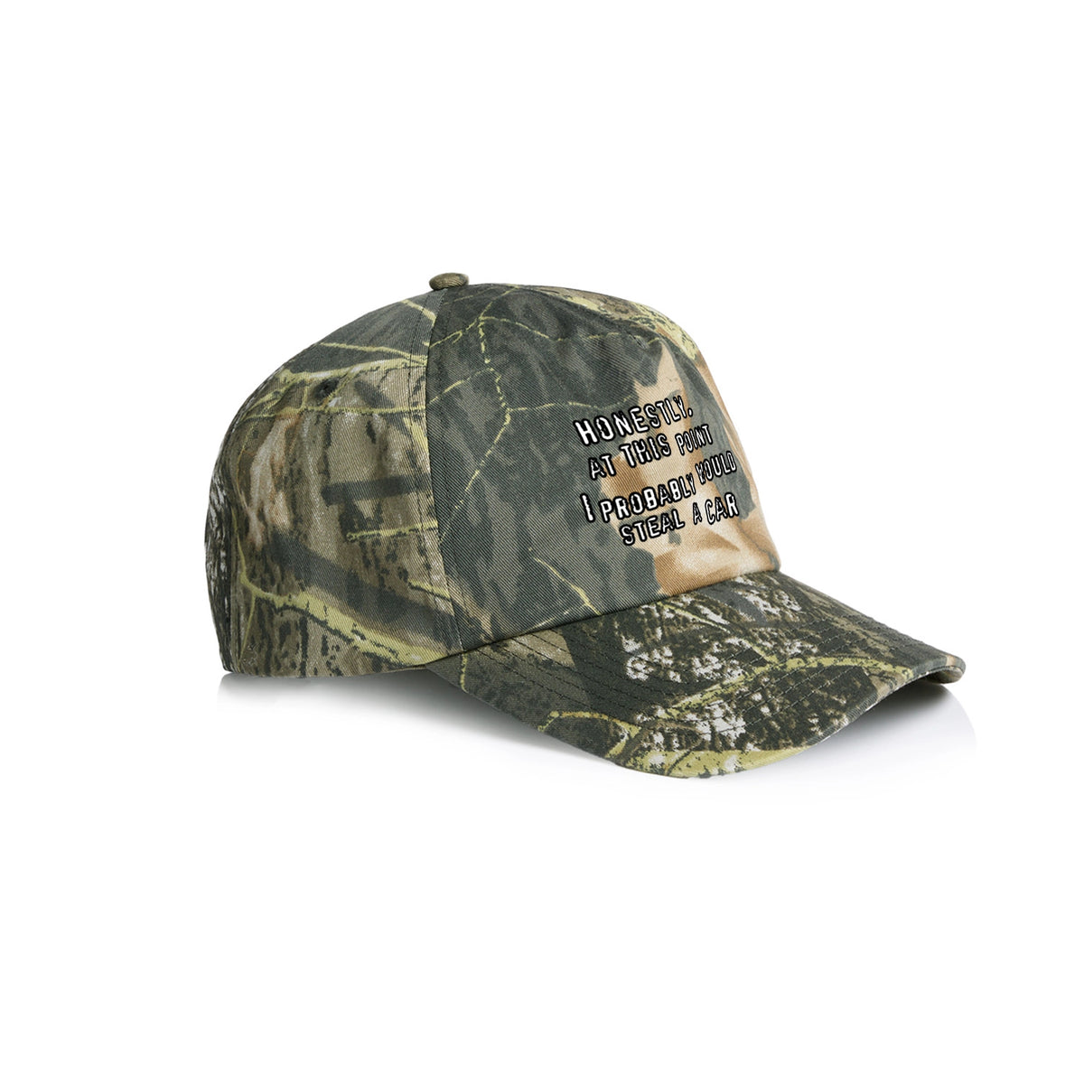 Camouflage trucker cap with Would Steal A Car Hat graphic by Lonely Kids Club