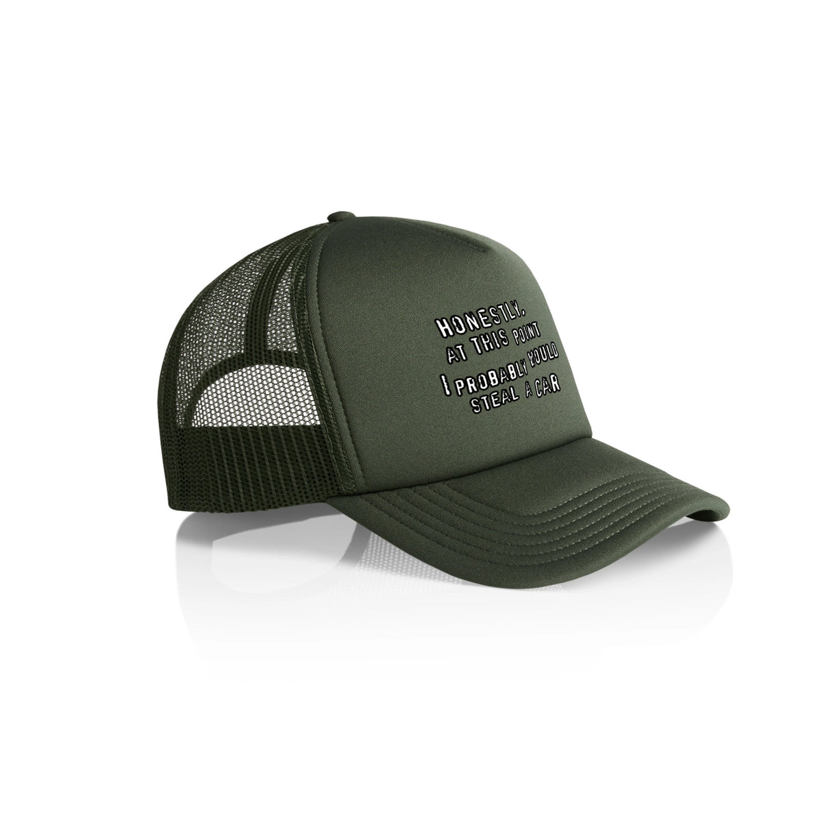 Army trucker cap with Would Steal A Car Hat graphic by Lonely Kids Club