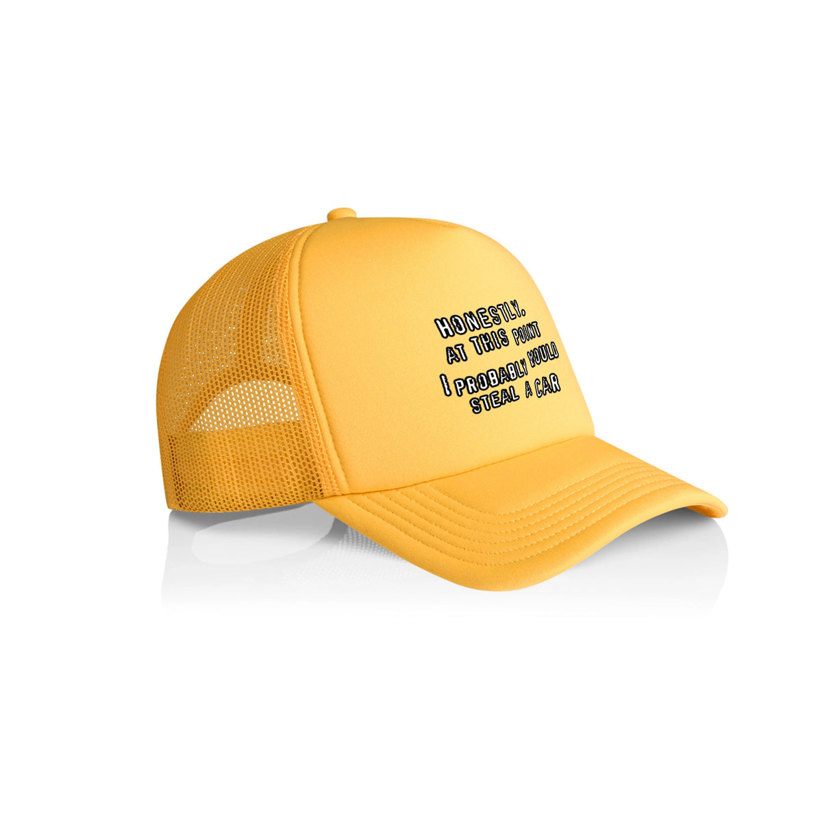 Yellow trucker cap with Would Steal A Car Hat graphic by Lonely Kids Club