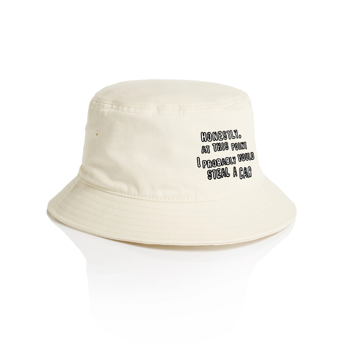 Ecru bucket hat with Would Steal A Car Hat graphic by Lonely Kids Club