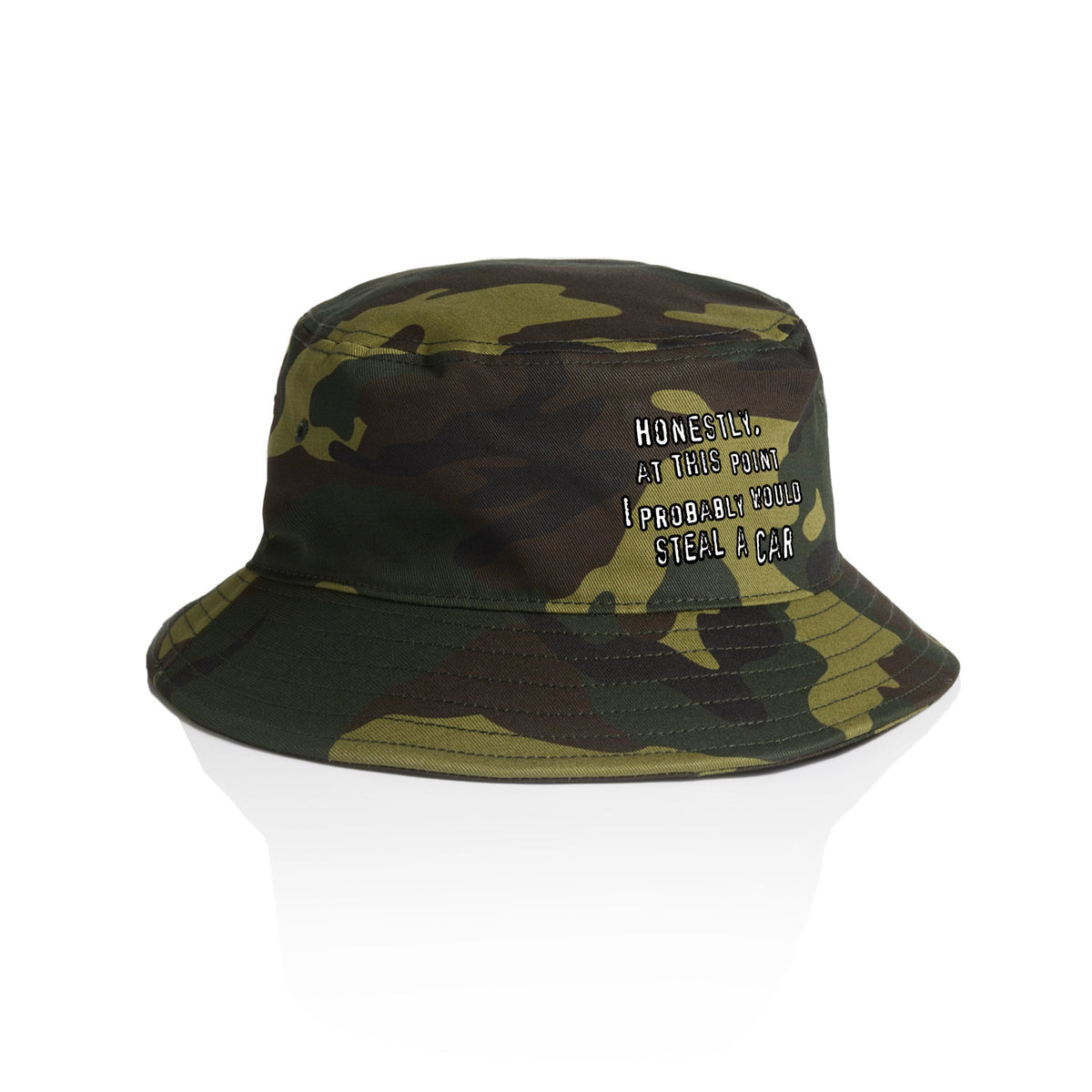 Camouflage bucket hat with Would Steal A Car Hat graphic by Lonely Kids Club