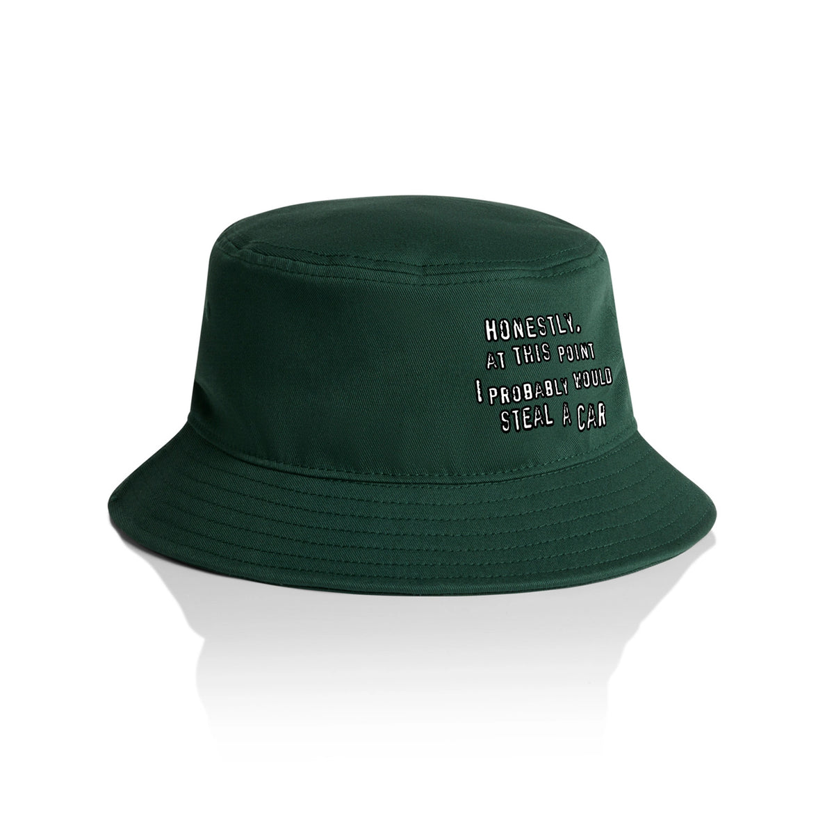 Forest Green bucket hat with Would Steal A Car Hat graphic by Lonely Kids Club