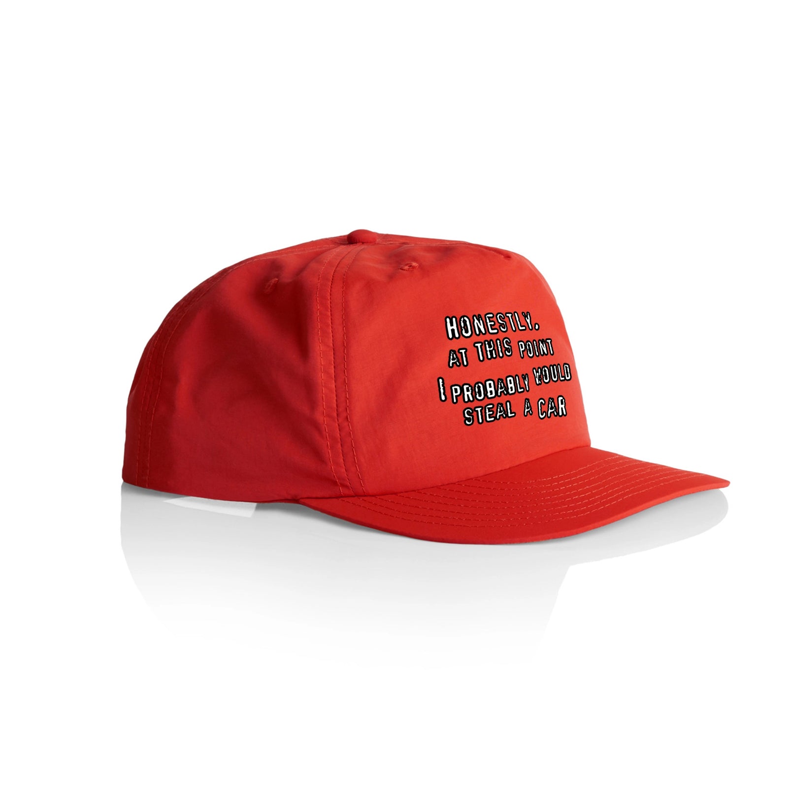 Red active cap with Would Steal A Car Hat graphic by Lonely Kids Club