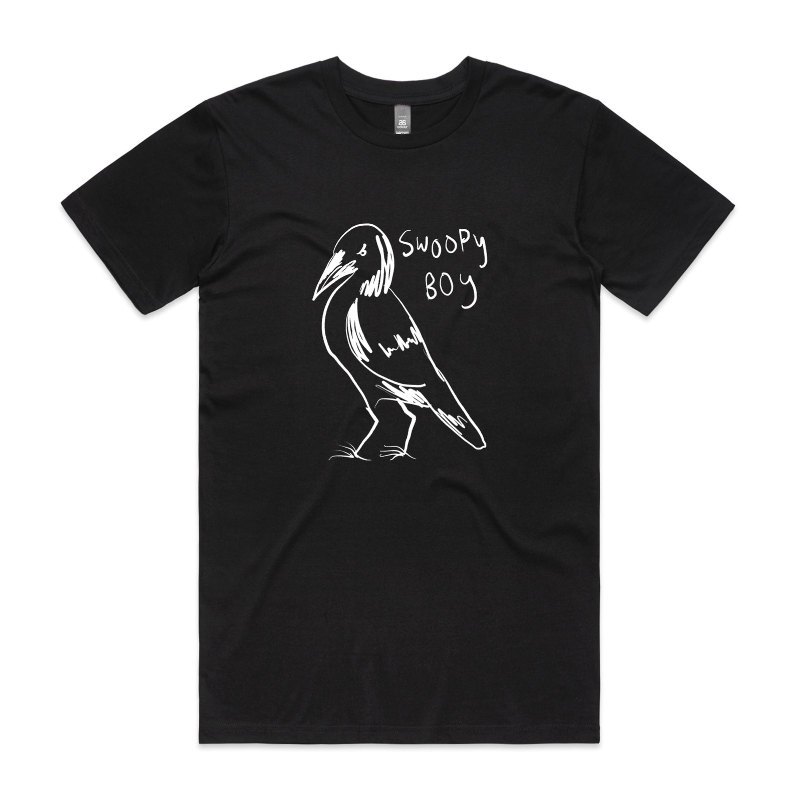 Black crew neck t-shirt with a front print of a magpie in flight and the text 'Swoopy Boy'.