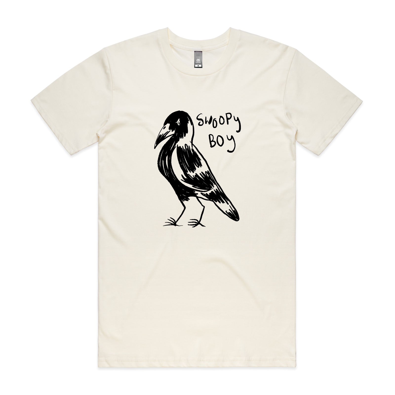 Flat lay photo of an ecru crew neck t-shirt with a front print of a magpie in flight and the text 'Swoopy Boy'.