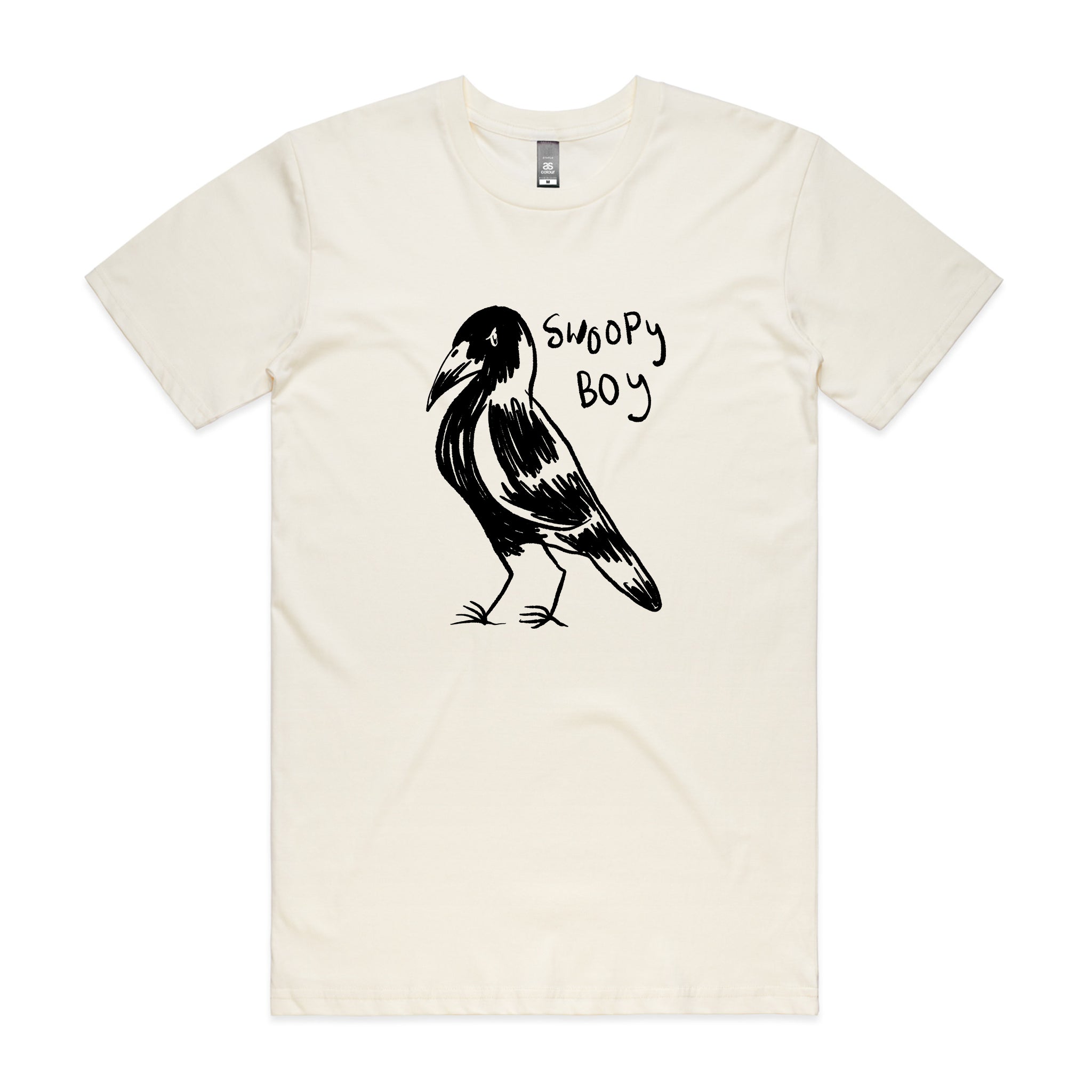 Flat lay photo of an ecru crew neck t-shirt with a front print of a magpie in flight and the text 'Swoopy Boy'.