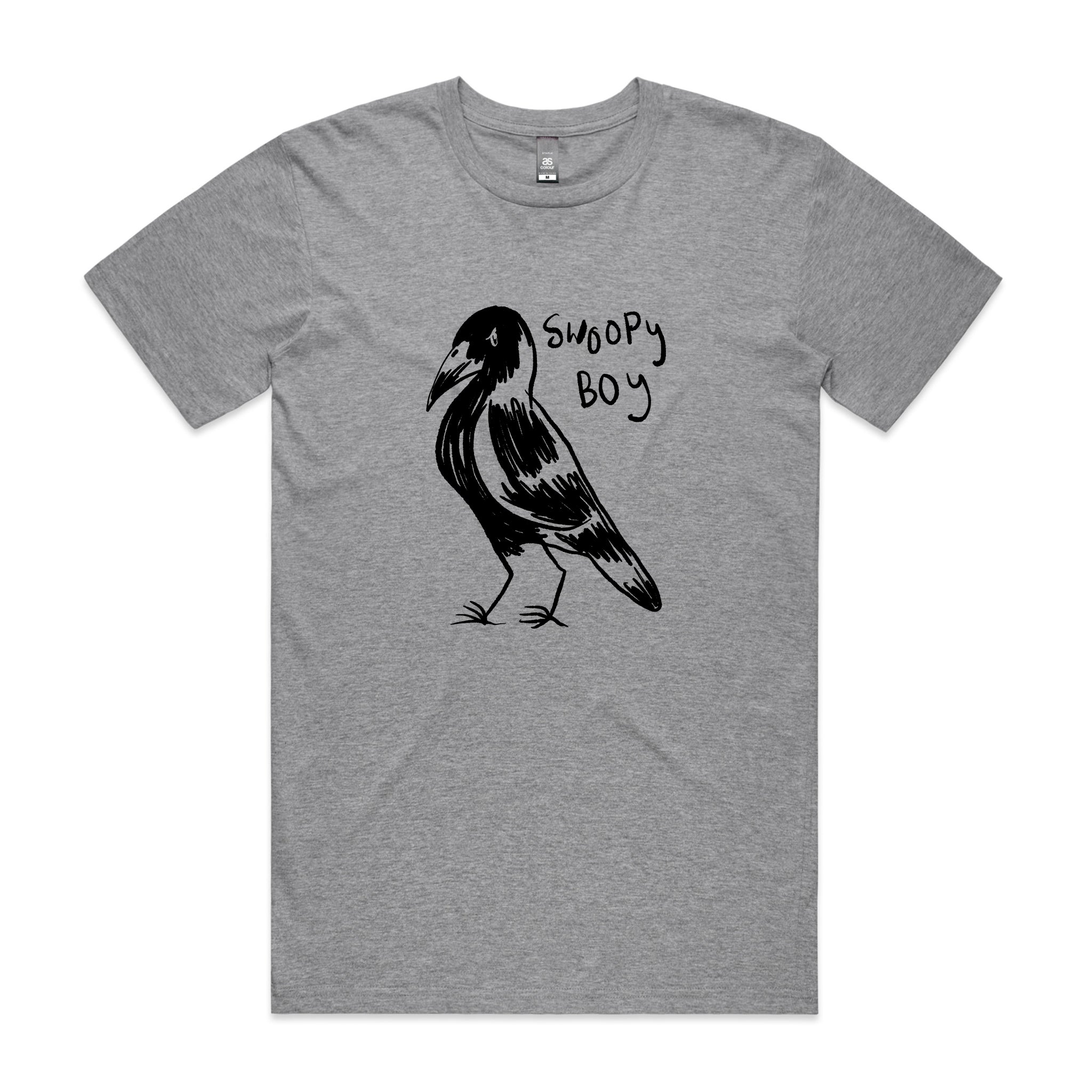 Flat lay photo of a grey marle crew neck t-shirt with a front print of a magpie and the text 'Swoopy Boy'.