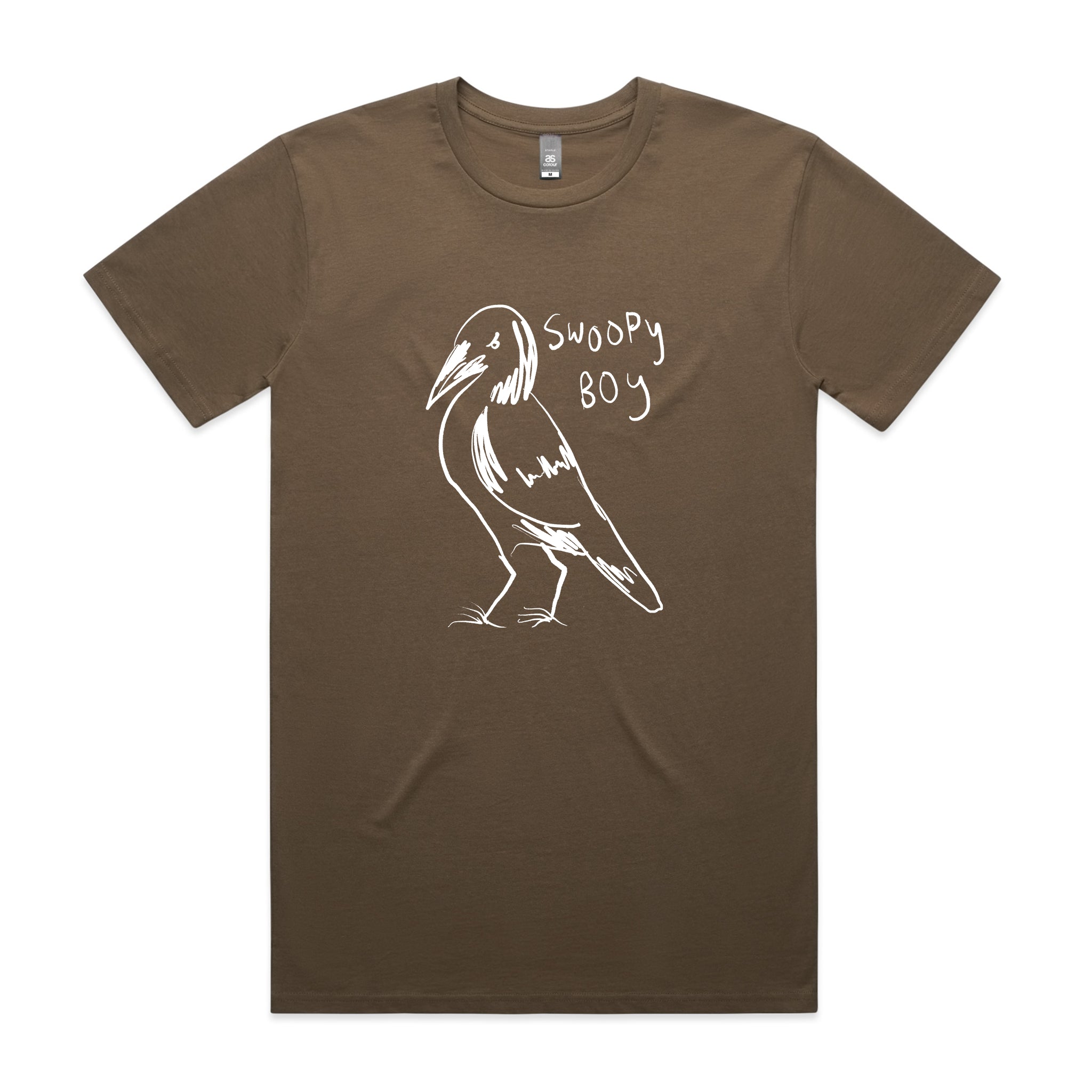 Brown crew neck t-shirt with a front white print of a magpie and the text 'Swoopy Boy'.
