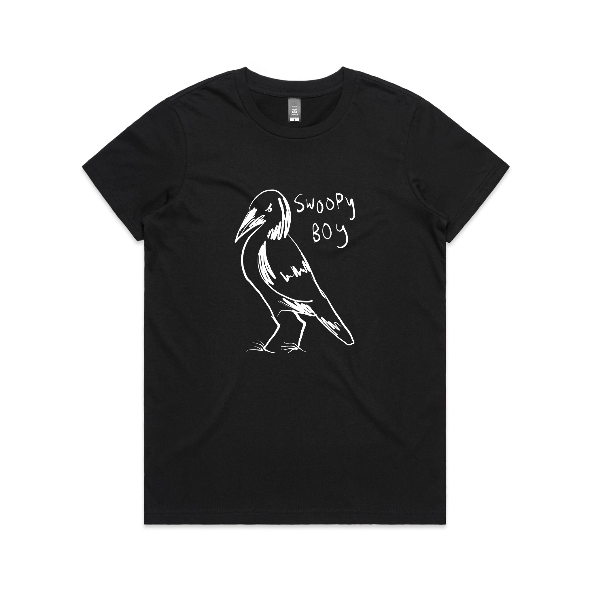 Magpie swooping graphic on front of Swoopy Boy t-shirt in black color