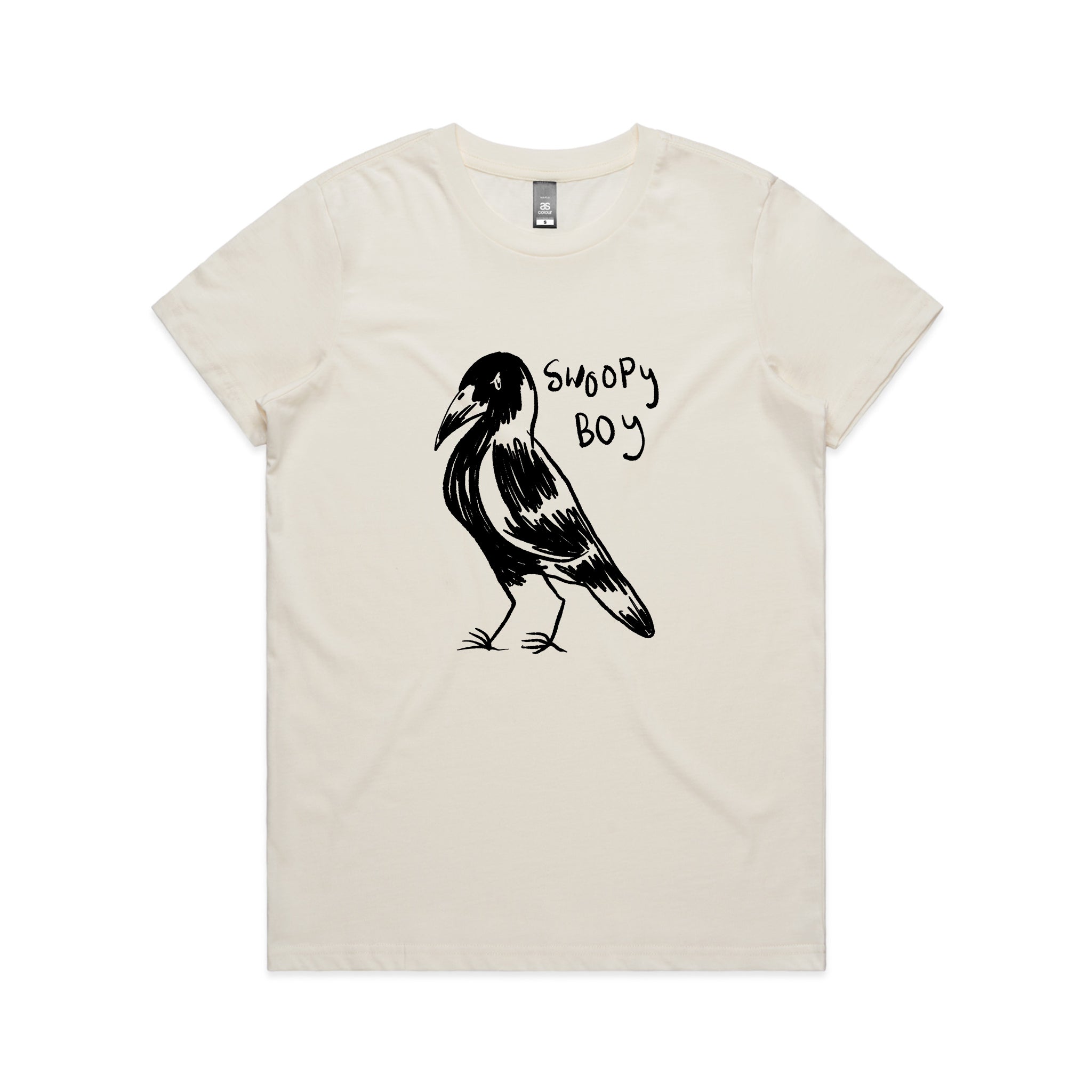 Magpie swooping graphic on front of Swoopy Boy t-shirt in ecru colour.