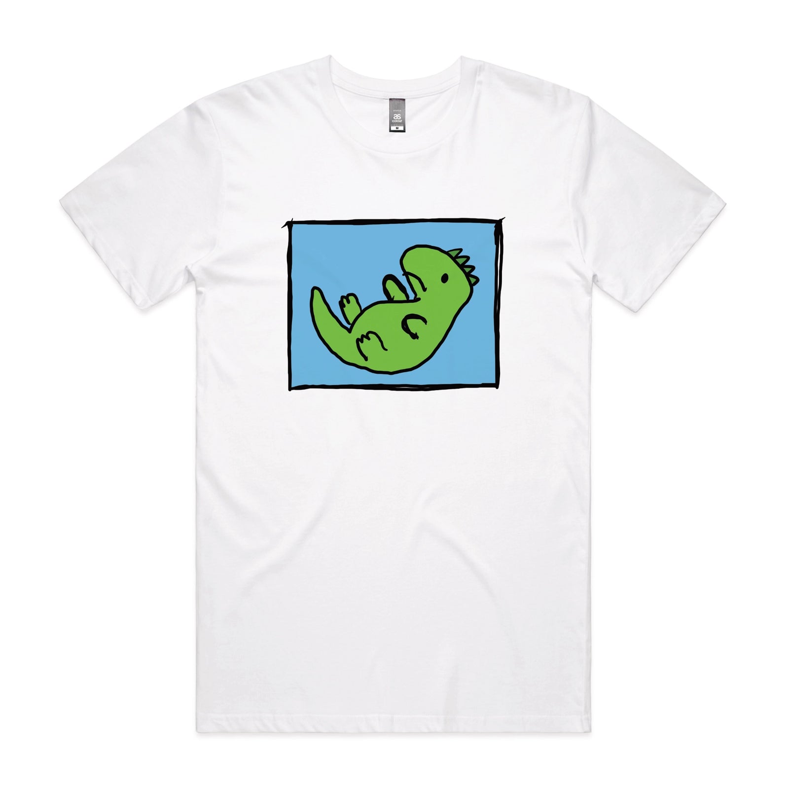 White unisex t-shirt with Tyrannosaurus Rekt graphic by Lonely Kids Club
