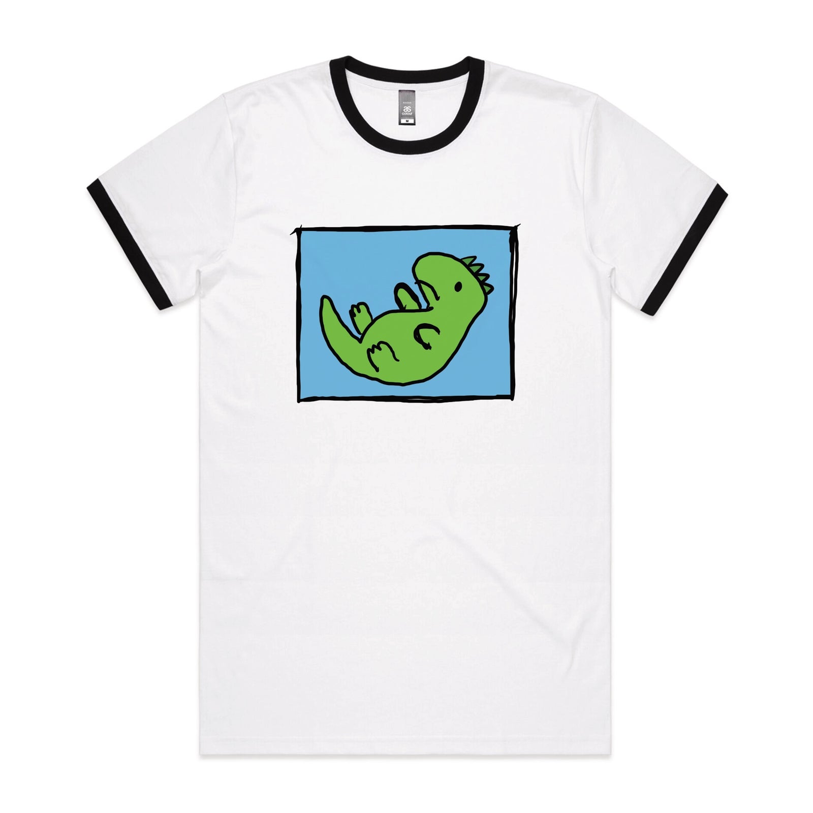 Black/White Ringer unisex t-shirt with Tyrannosaurus Rekt graphic by Lonely Kids Club