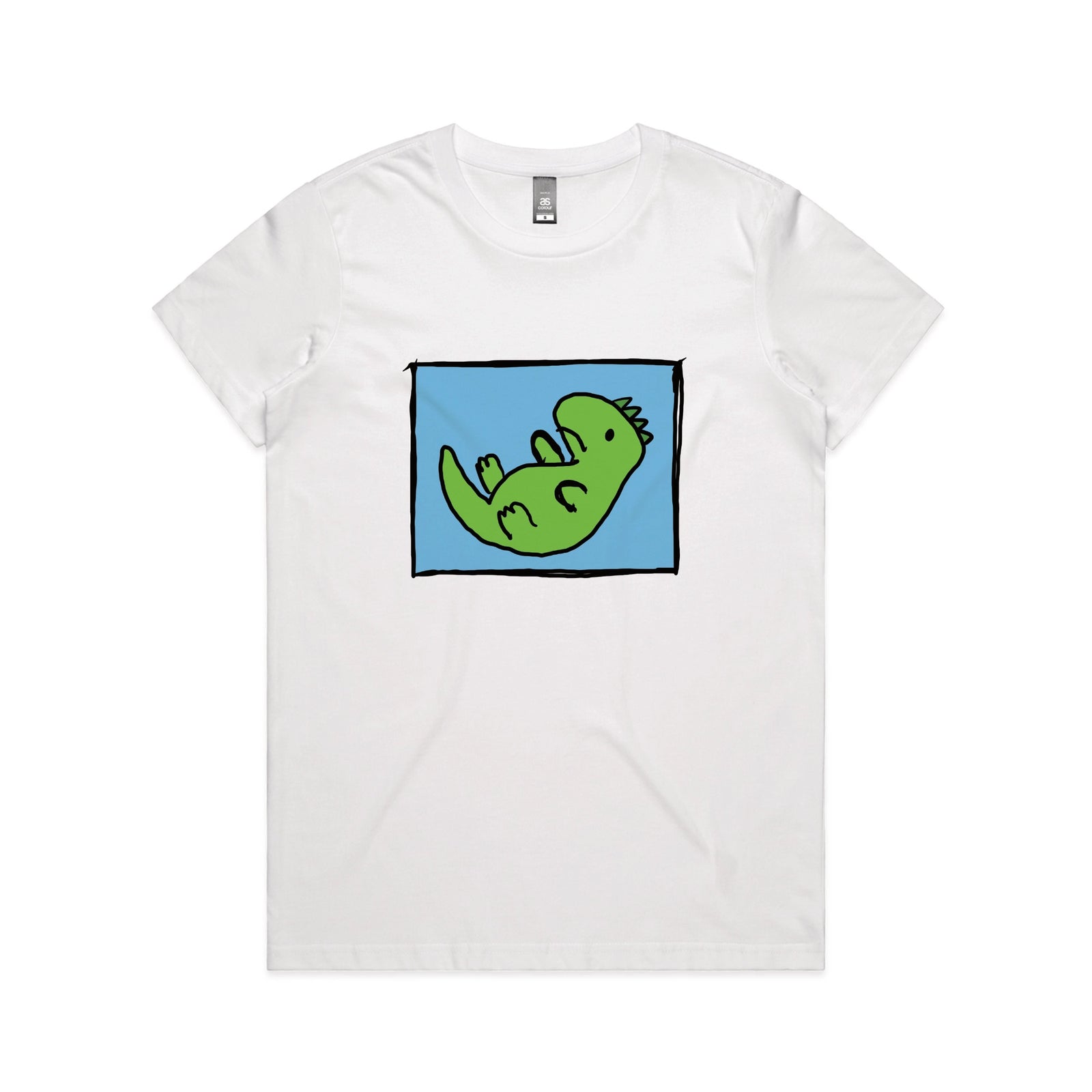 White fitted womens t-shirt with Tyrannosaurus Rekt graphic by Lonely Kids Club