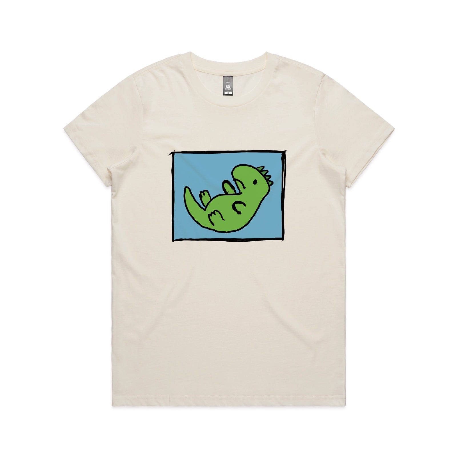 Ecru fitted womens t-shirt with Tyrannosaurus Rekt graphic by Lonely Kids Club