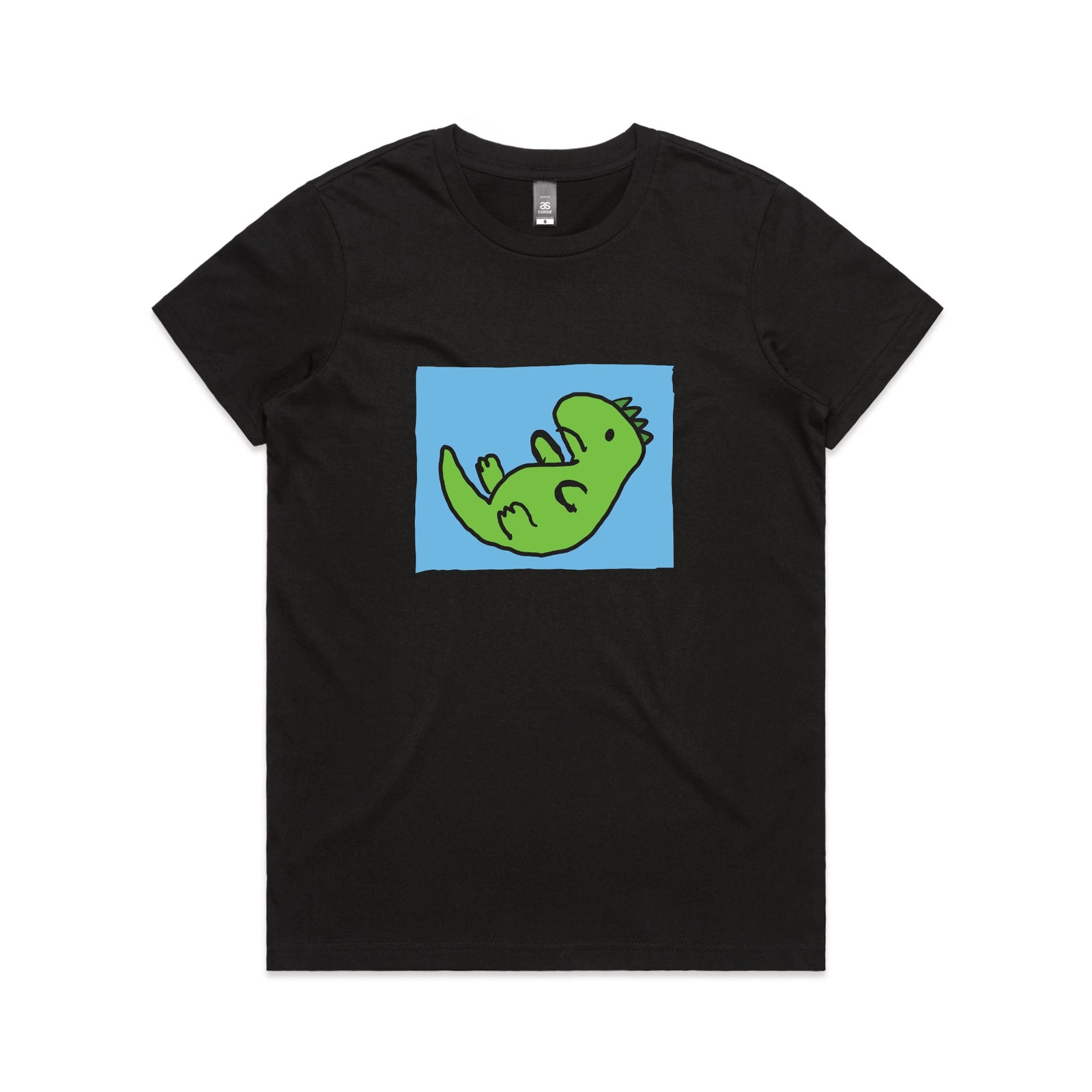 Black fitted womens t-shirt with Tyrannosaurus Rekt graphic by Lonely Kids Club