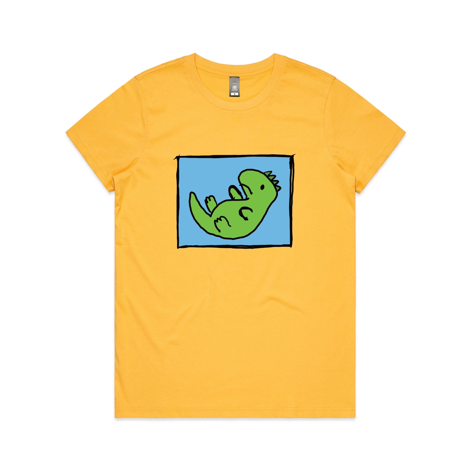 Yellow fitted womens t-shirt with Tyrannosaurus Rekt graphic by Lonely Kids Club