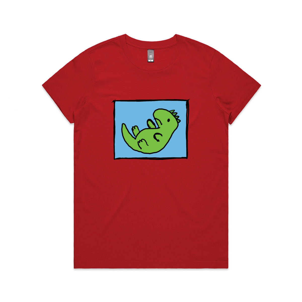 Red fitted womens t-shirt with Tyrannosaurus Rekt graphic by Lonely Kids Club