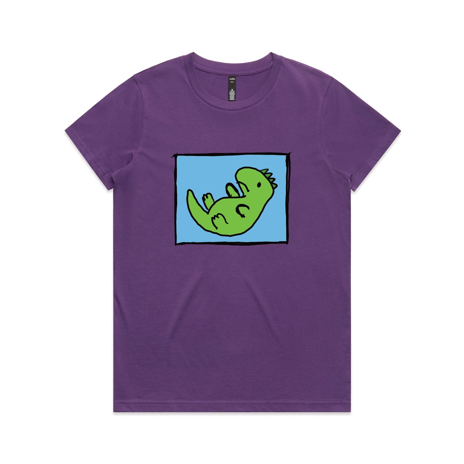 Purple fitted womens t-shirt with Tyrannosaurus Rekt graphic by Lonely Kids Club