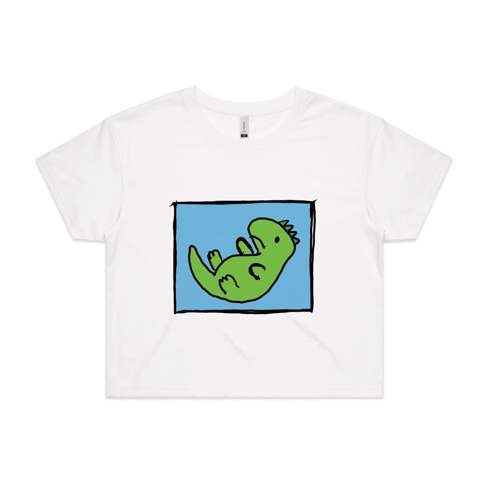 White crop top with Tyrannosaurus Rekt graphic by Lonely Kids Club