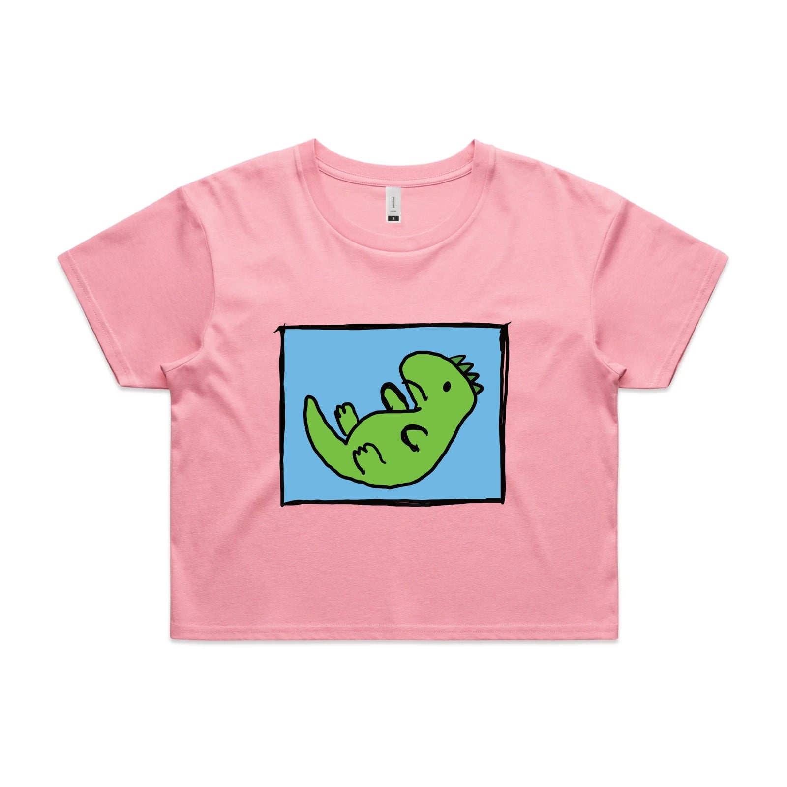 Bubblegum crop top with Tyrannosaurus Rekt graphic by Lonely Kids Club