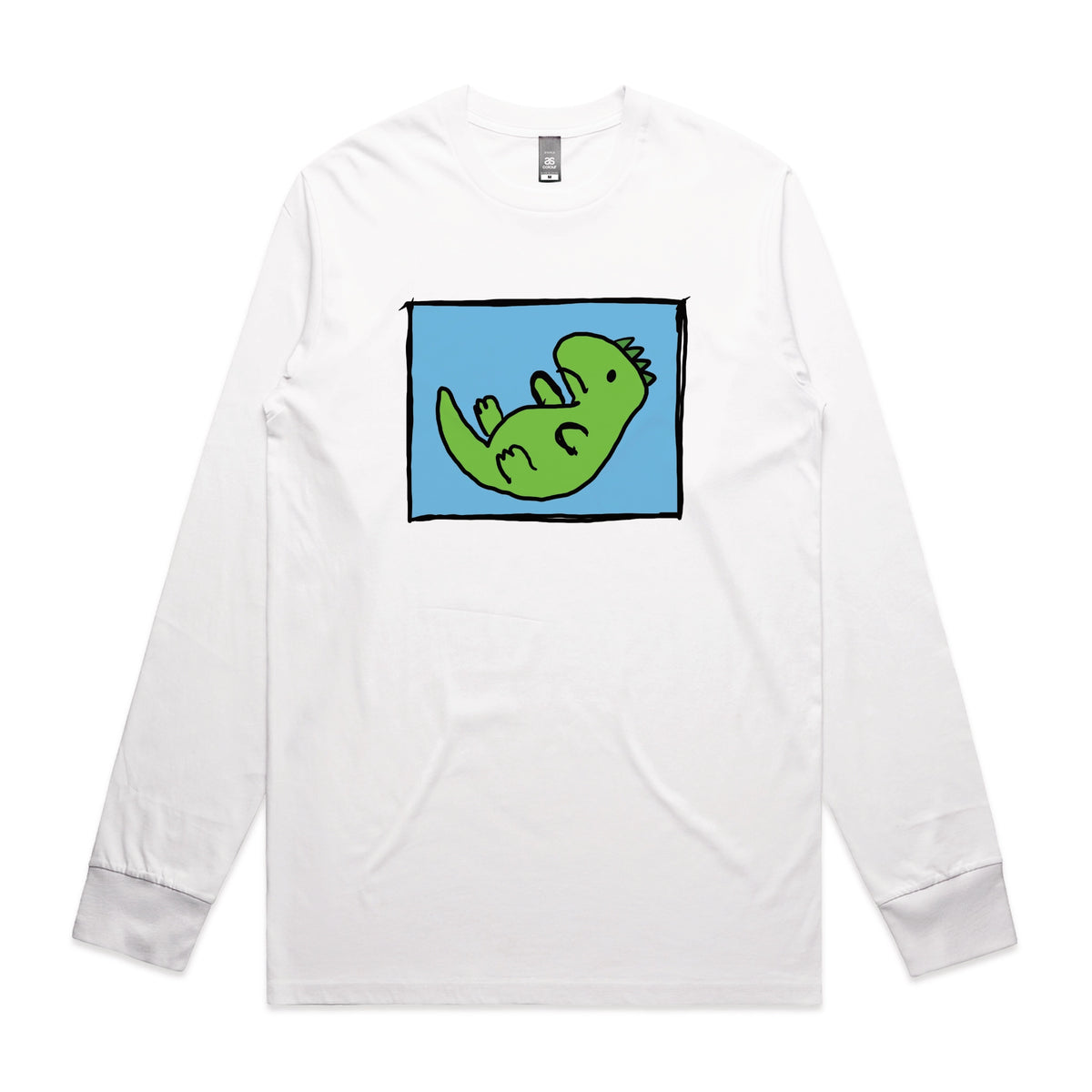 White long sleeve t-shirt with Tyrannosaurus Rekt graphic by Lonely Kids Club