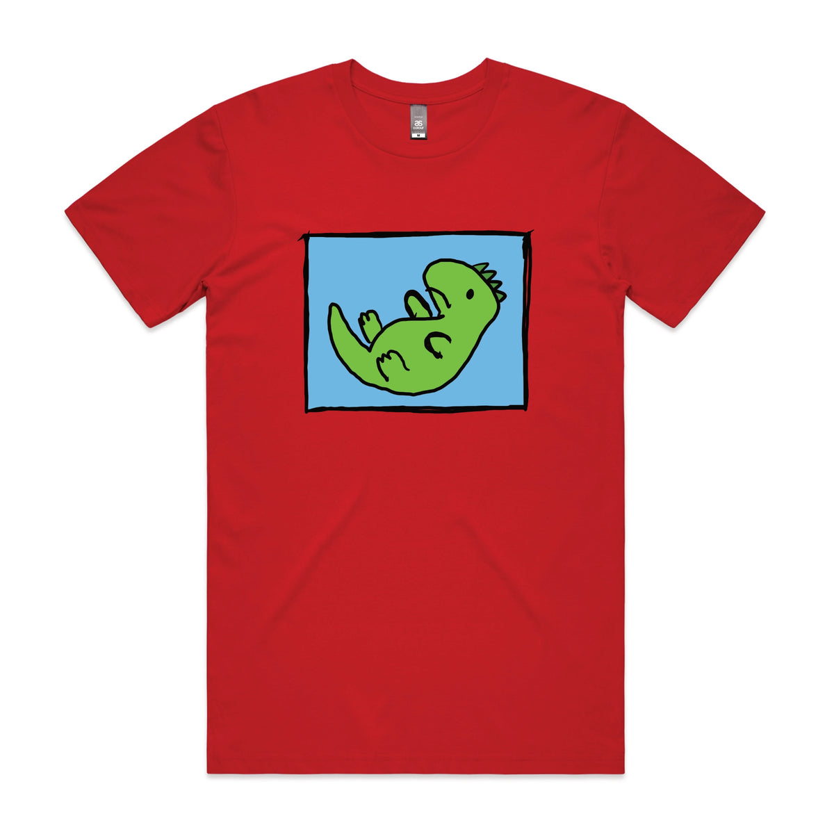 Red unisex t-shirt with Tyrannosaurus Rekt graphic by Lonely Kids Club
