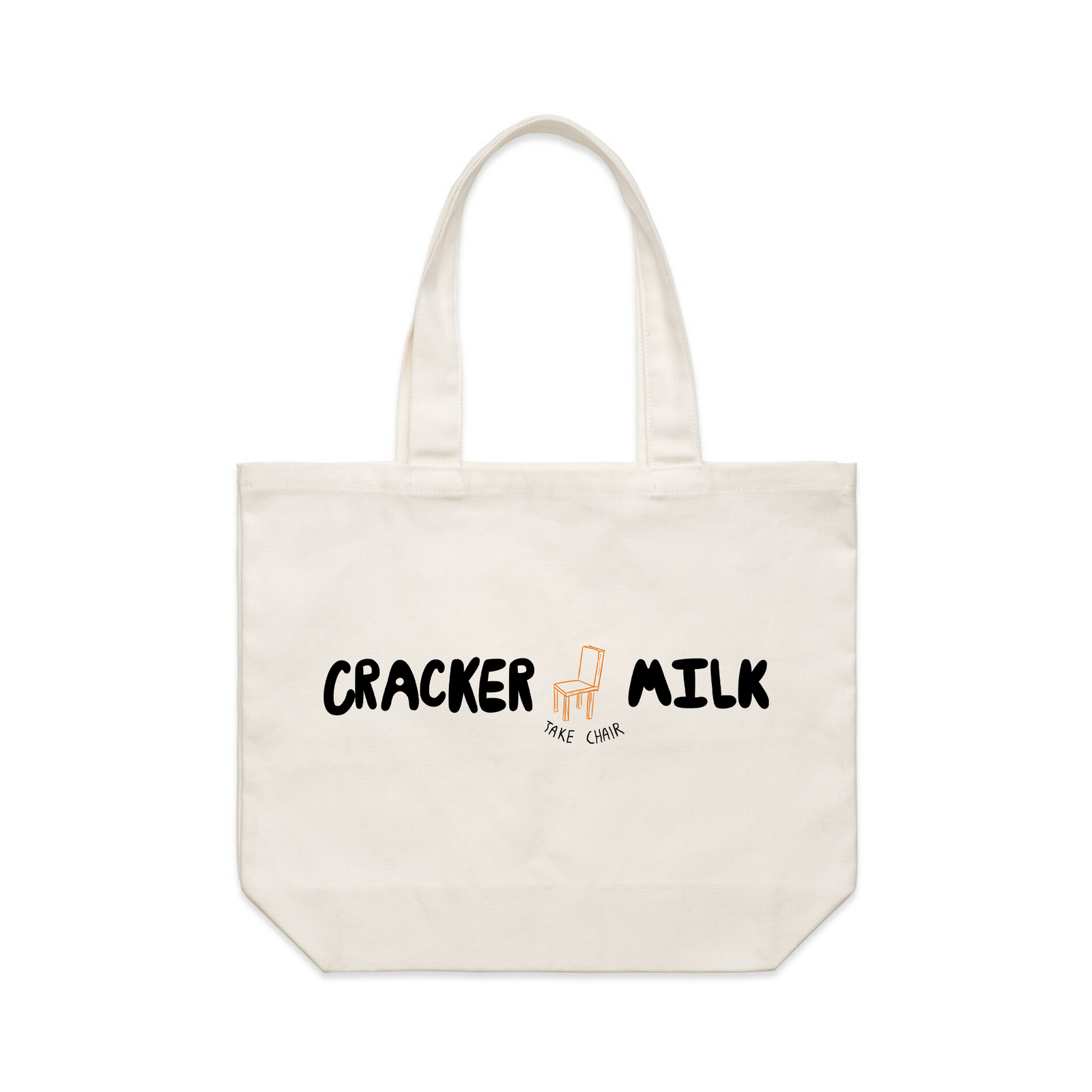 Cream shoulder tote with Take Chair Tote graphic by Lonely Kids Club