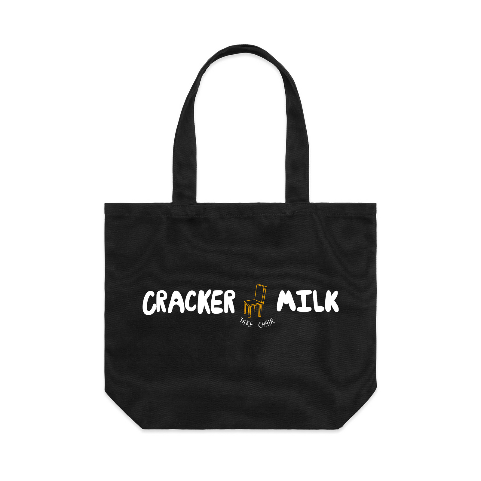 Black shoulder tote with Take Chair Tote graphic by Lonely Kids Club