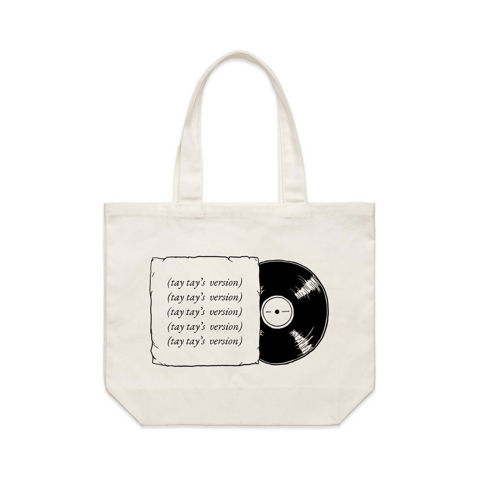 Cream shoulder tote with Tay Tay's Version Tote graphic by Lonely Kids Club