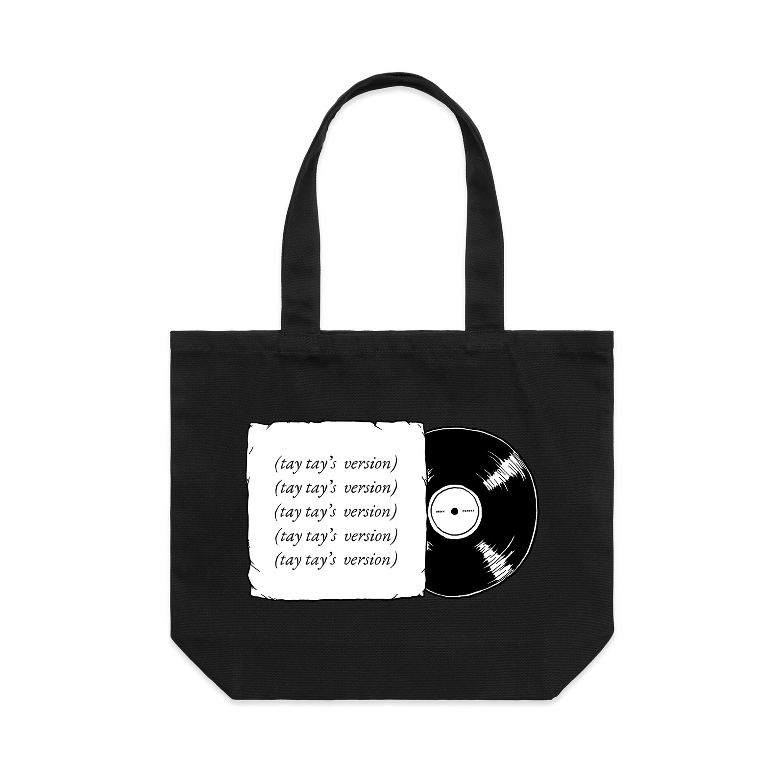 Black shoulder tote with Tay Tay's Version Tote graphic by Lonely Kids Club