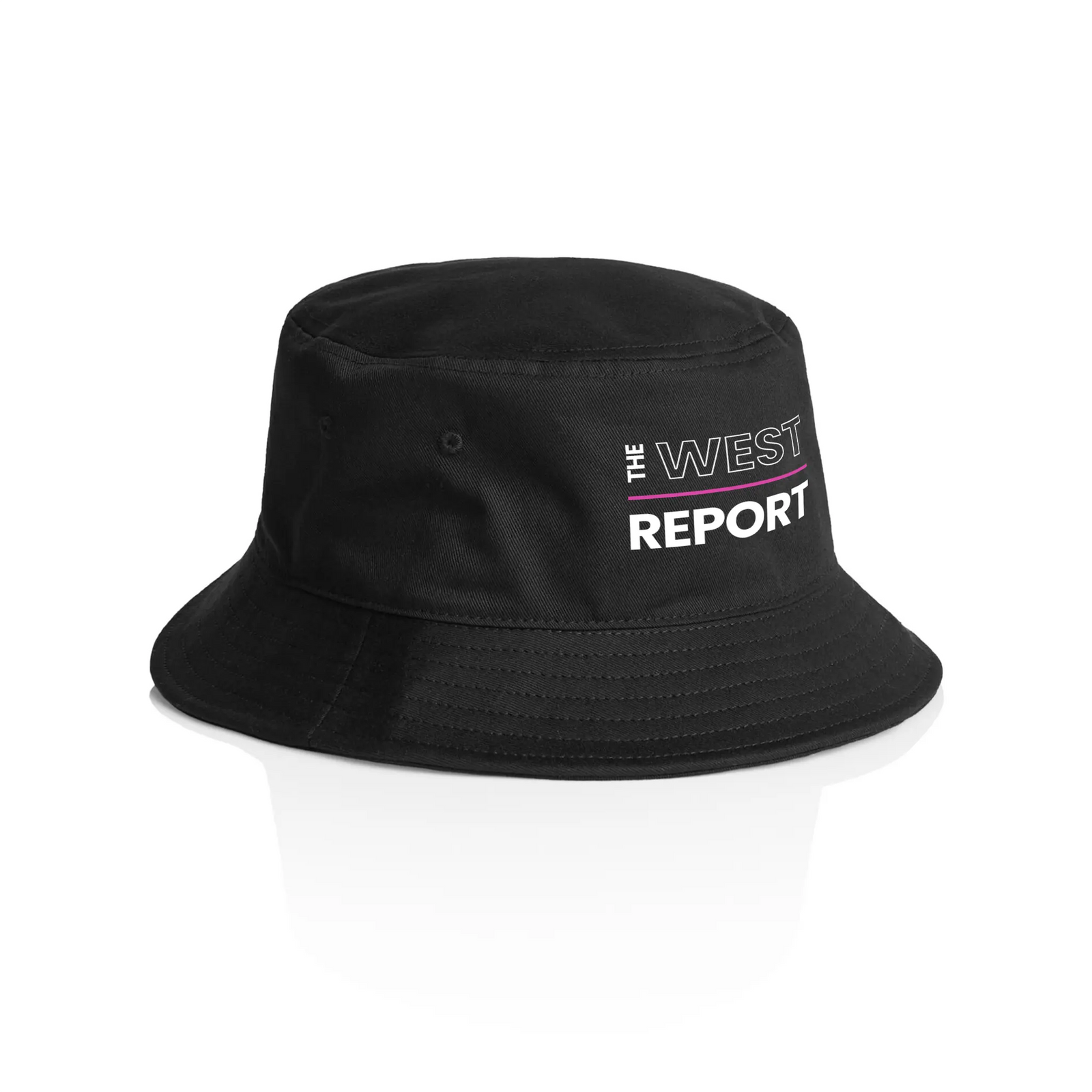 Black bucket hat with The West Report Bucket Hat graphic by Lonely Kids Club