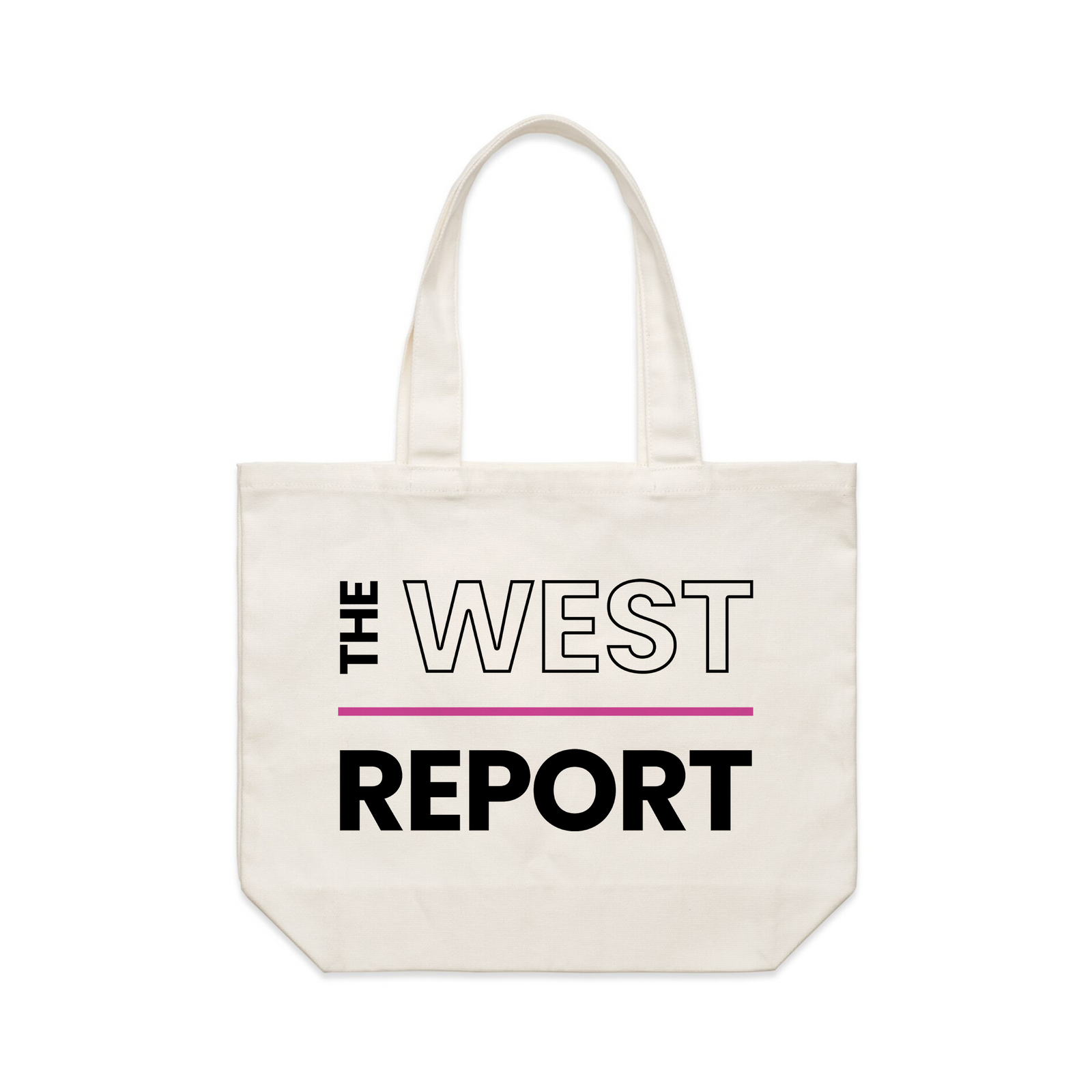 Cream shoulder tote with The West Report Tote graphic by Lonely Kids Club