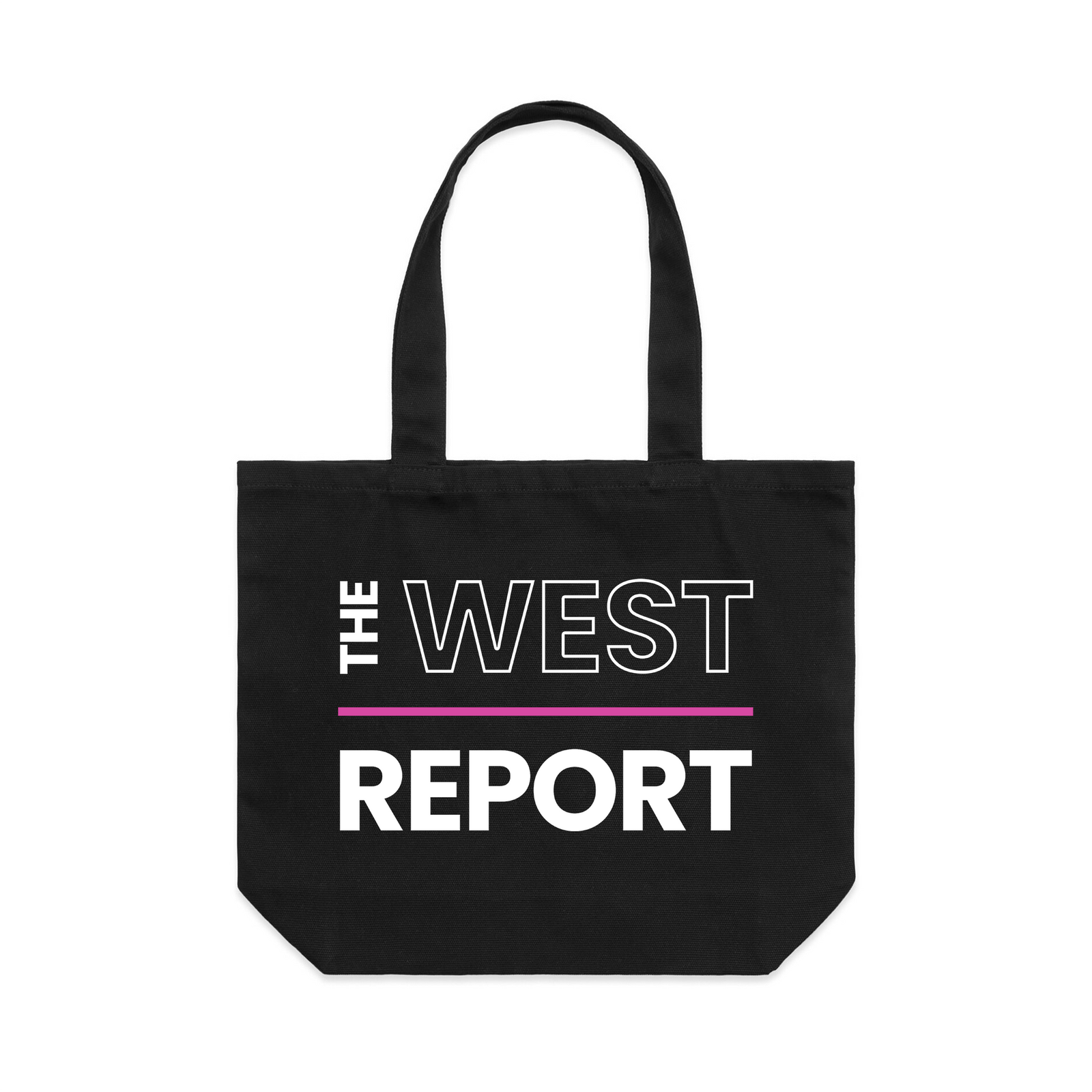 Black shoulder tote with The West Report Tote graphic by Lonely Kids Club