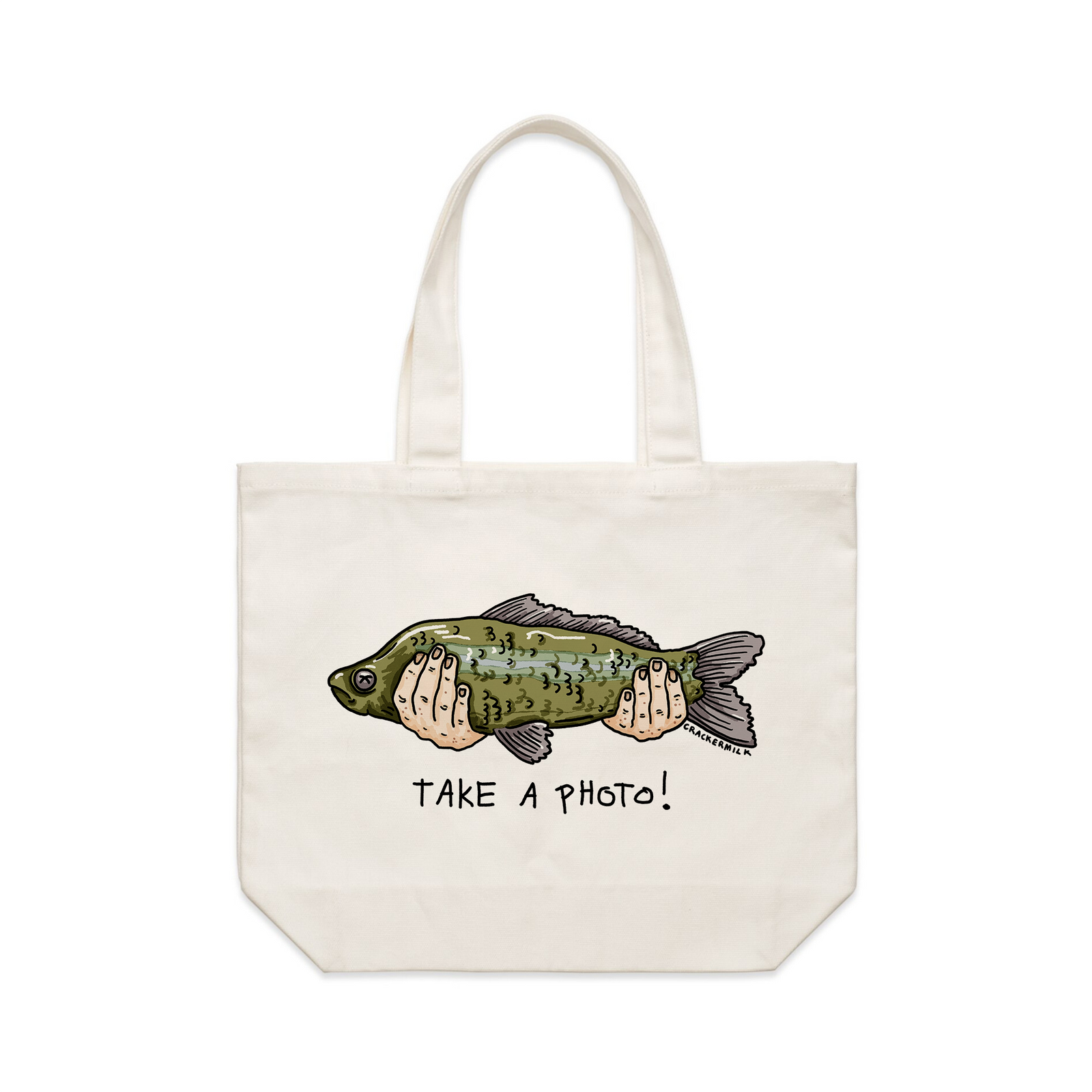 Cream shoulder tote with Tinder Fish Tote graphic by Lonely Kids Club