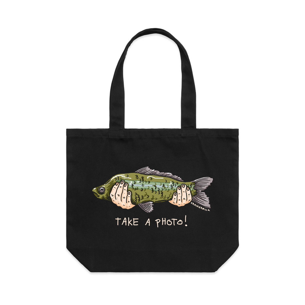 Black shoulder tote with Tinder Fish Tote graphic by Lonely Kids Club