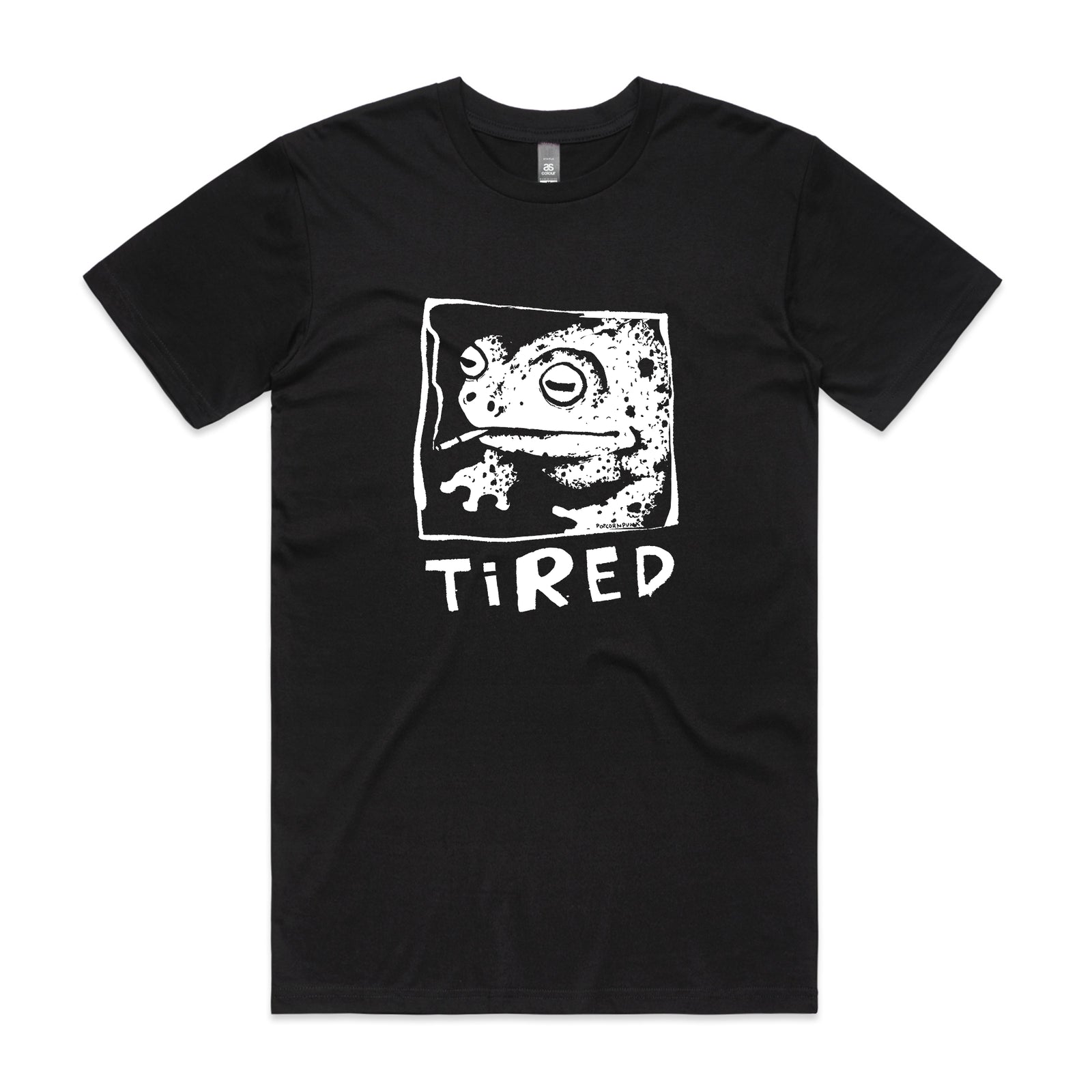 Tired Frog T-shirt, funny meme tee by Popcornpunk featuring an exhausted frog. Each T-shirt printed on order in Australia.