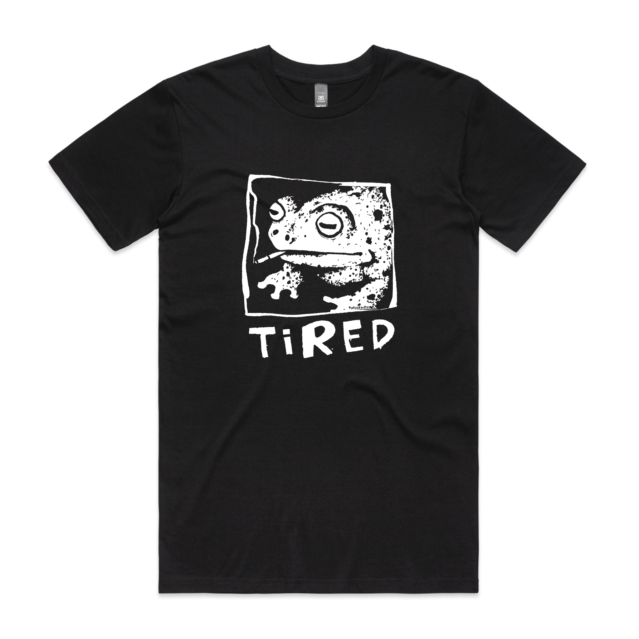 Tired Frog T-shirt, funny meme tee by Popcornpunk featuring an exhausted frog. Each T-shirt printed on order in Australia.