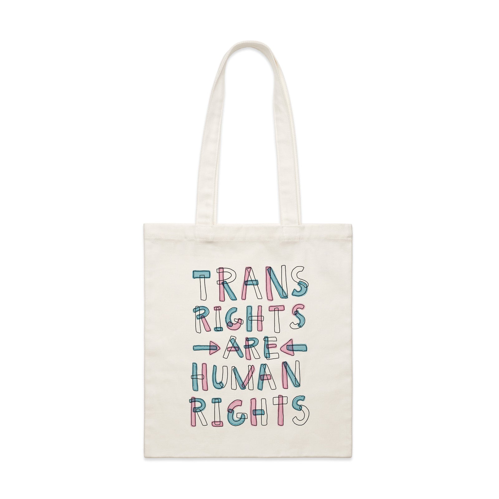 Cream parcel tote with Trans Rights Are Human Rights Tote graphic by Lonely Kids Club