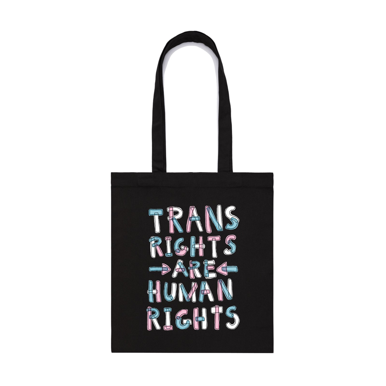 Black parcel tote with Trans Rights Are Human Rights Tote graphic by Lonely Kids Club