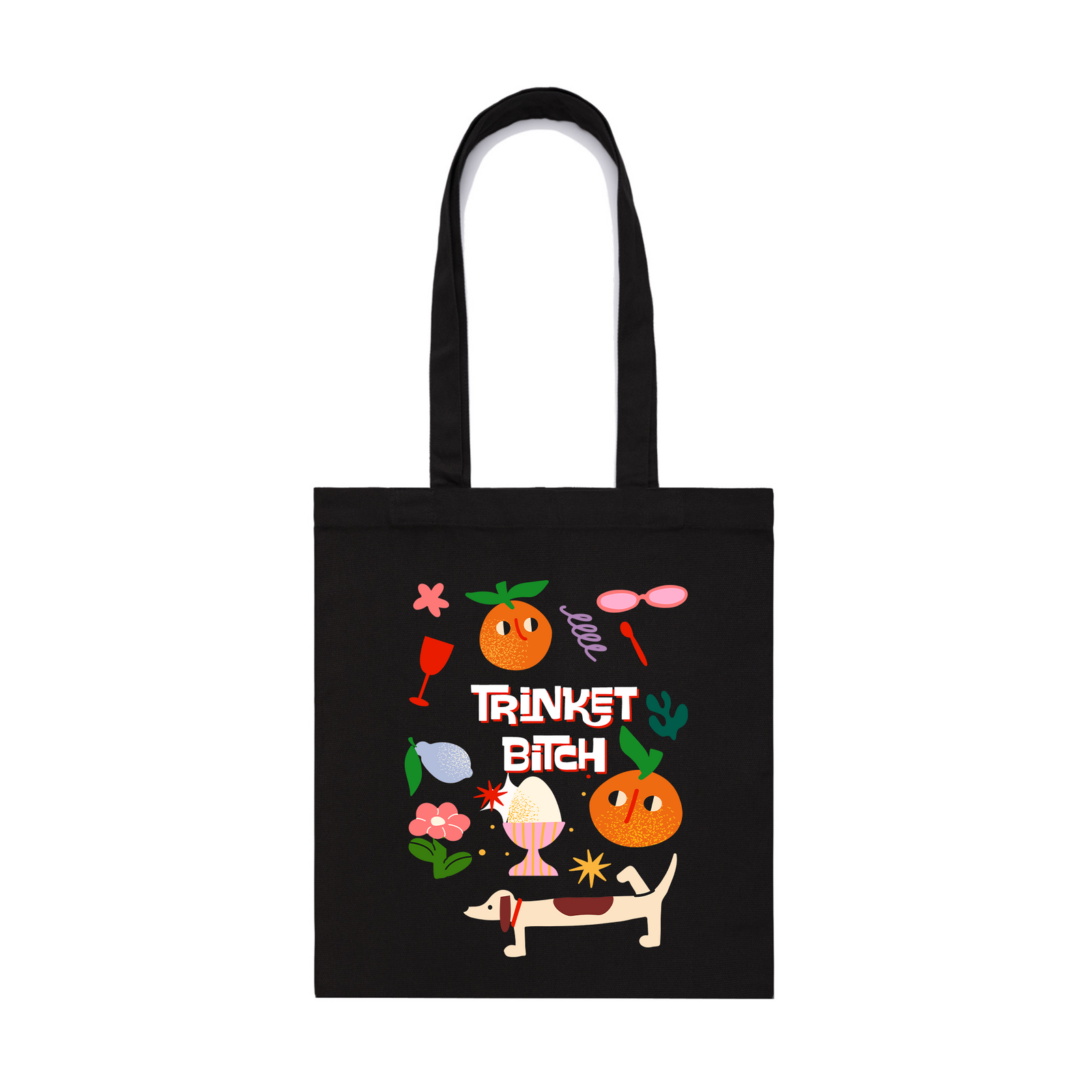 Black parcel tote with Trinket Bitch Tote graphic by Lonely Kids Club